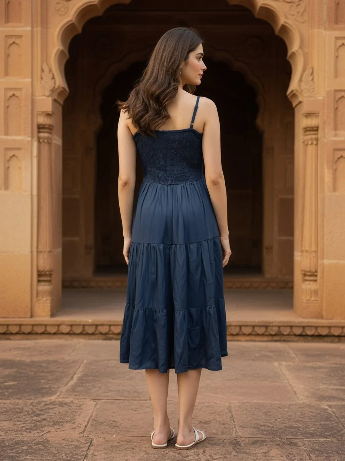 Buy Rayon Printed Tiered Calf Length Dress with Printed Jacket-Blue