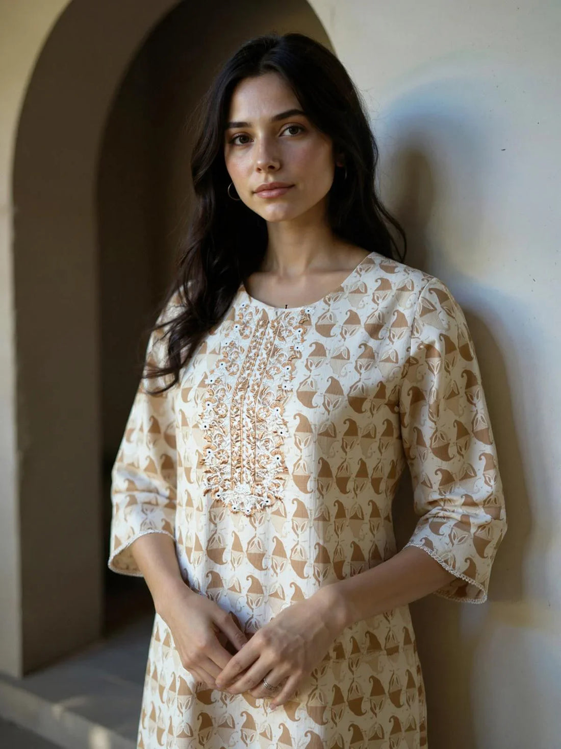 Buy Cotton Embroidered Straight Calf Length Kurta-Brown