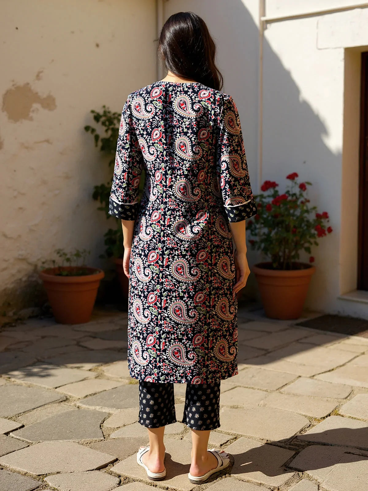 Buy Rayon Printed Straight Calf Length Kurta with Pant and Dupatta-Navy Blue