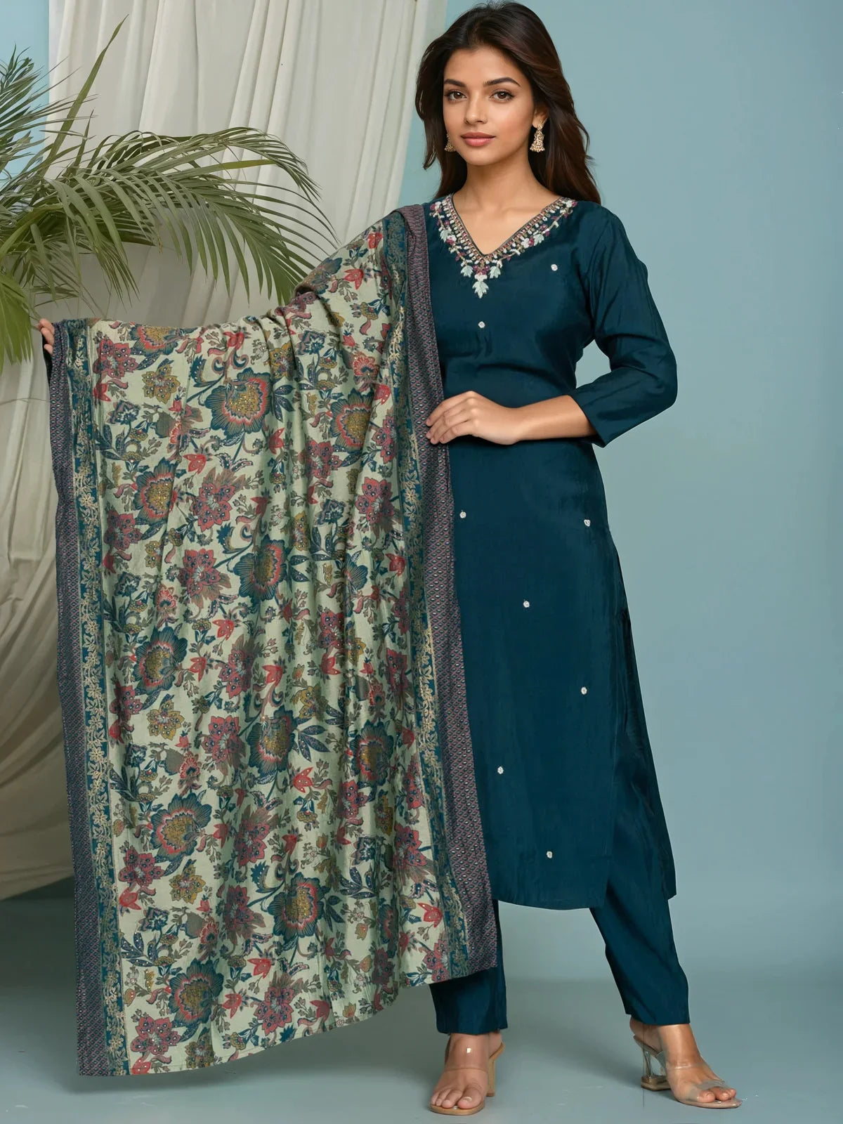 Buy Viscose Poly Embroidered Straight Calf Length Kurta with Pant and Dupatta-Teal