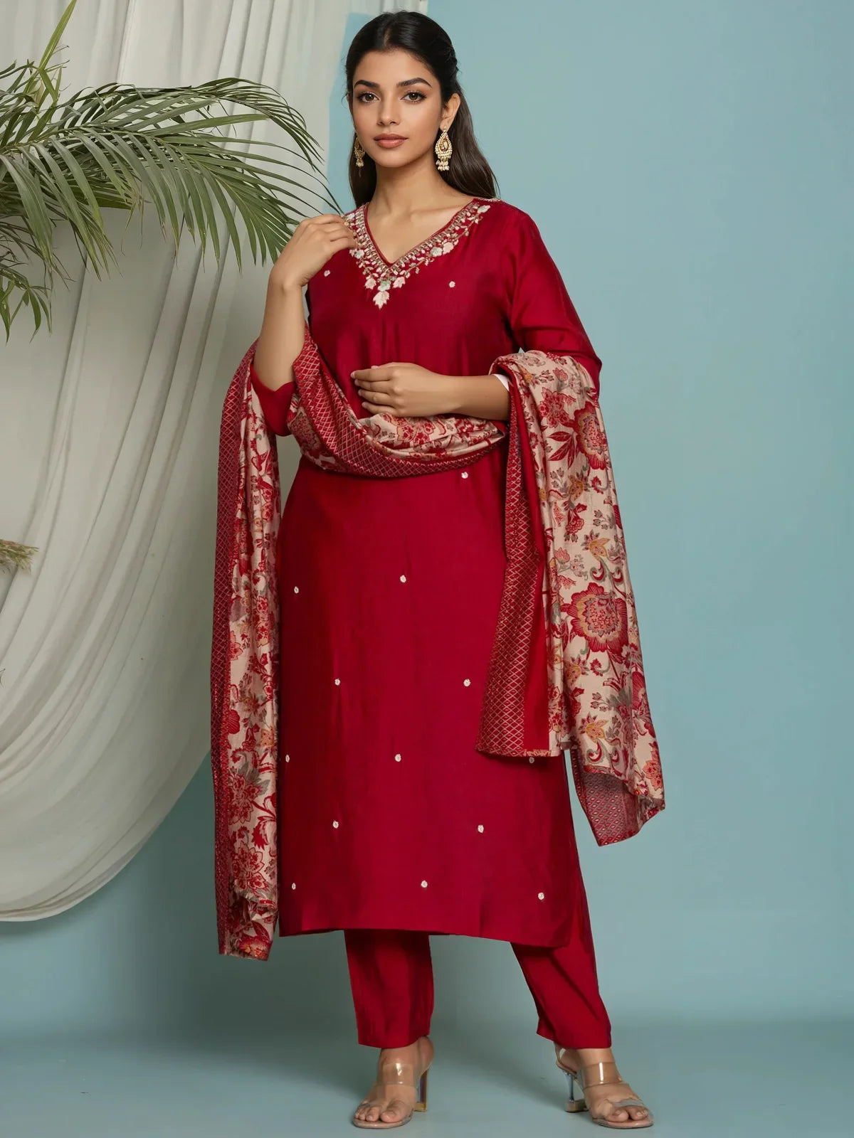 Buy Viscose Poly Embroidered Straight Calf Length Kurta with Pant and Dupatta-Red