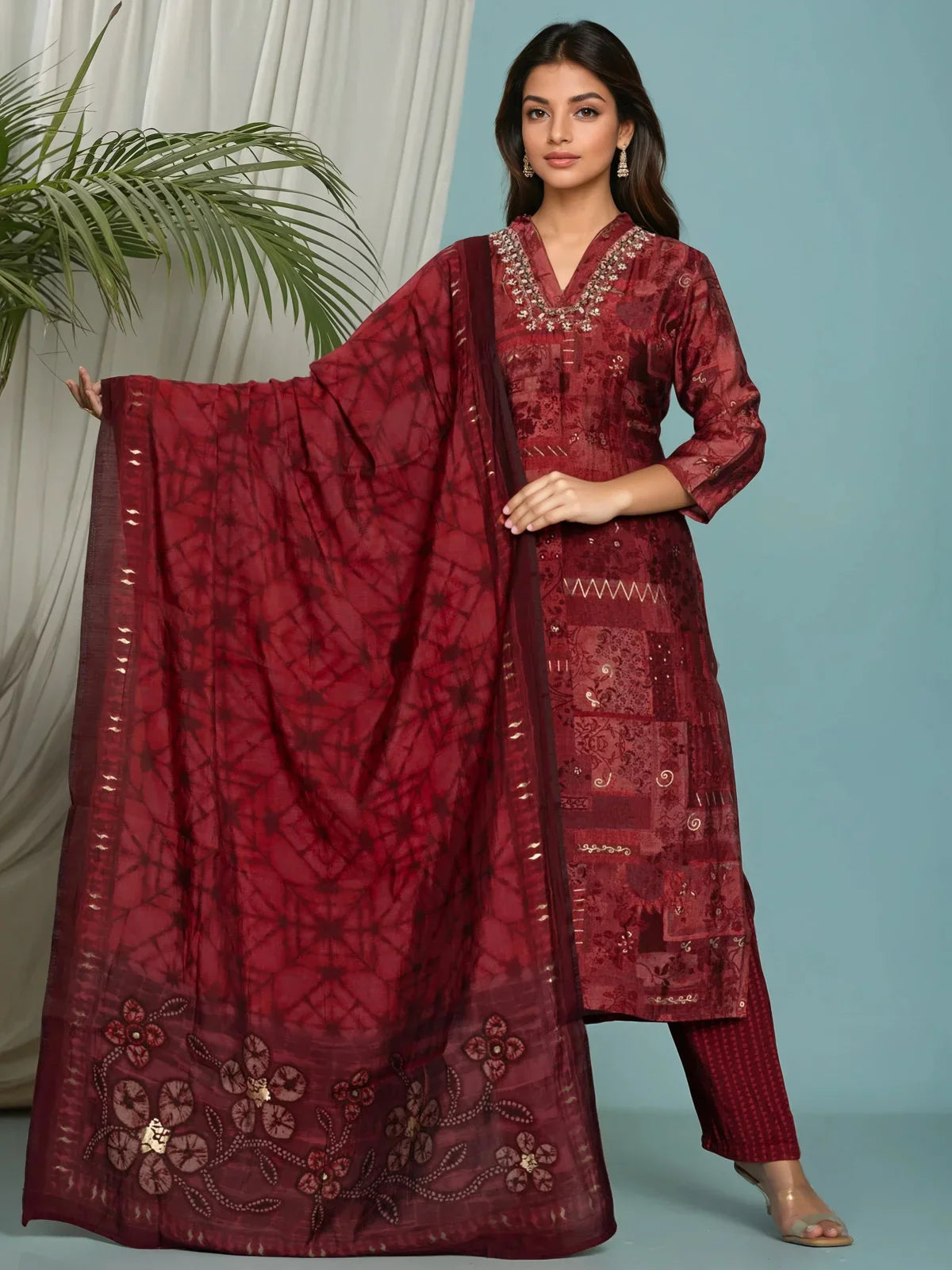 Buy Poly Viscose Embroidered Straight Calf Length Kurta with Pant and Dupatta-Red
