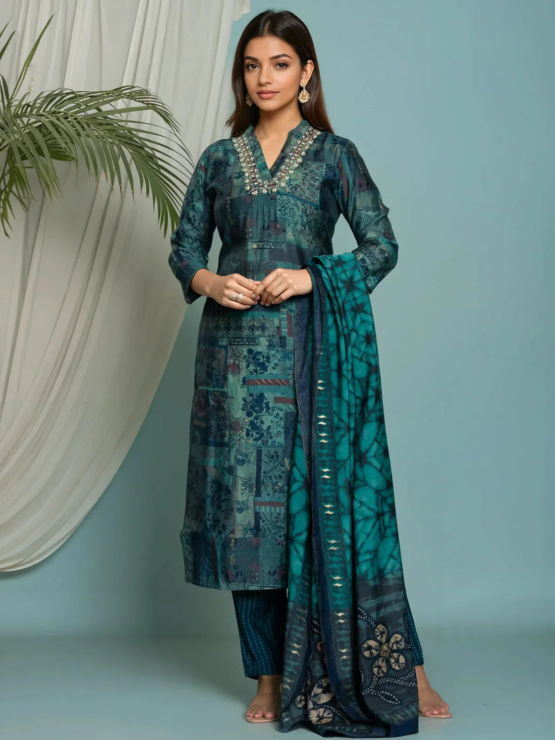 Buy Poly Viscose Embroidered Straight Calf Length Kurta with Pant and Dupatta-Teal