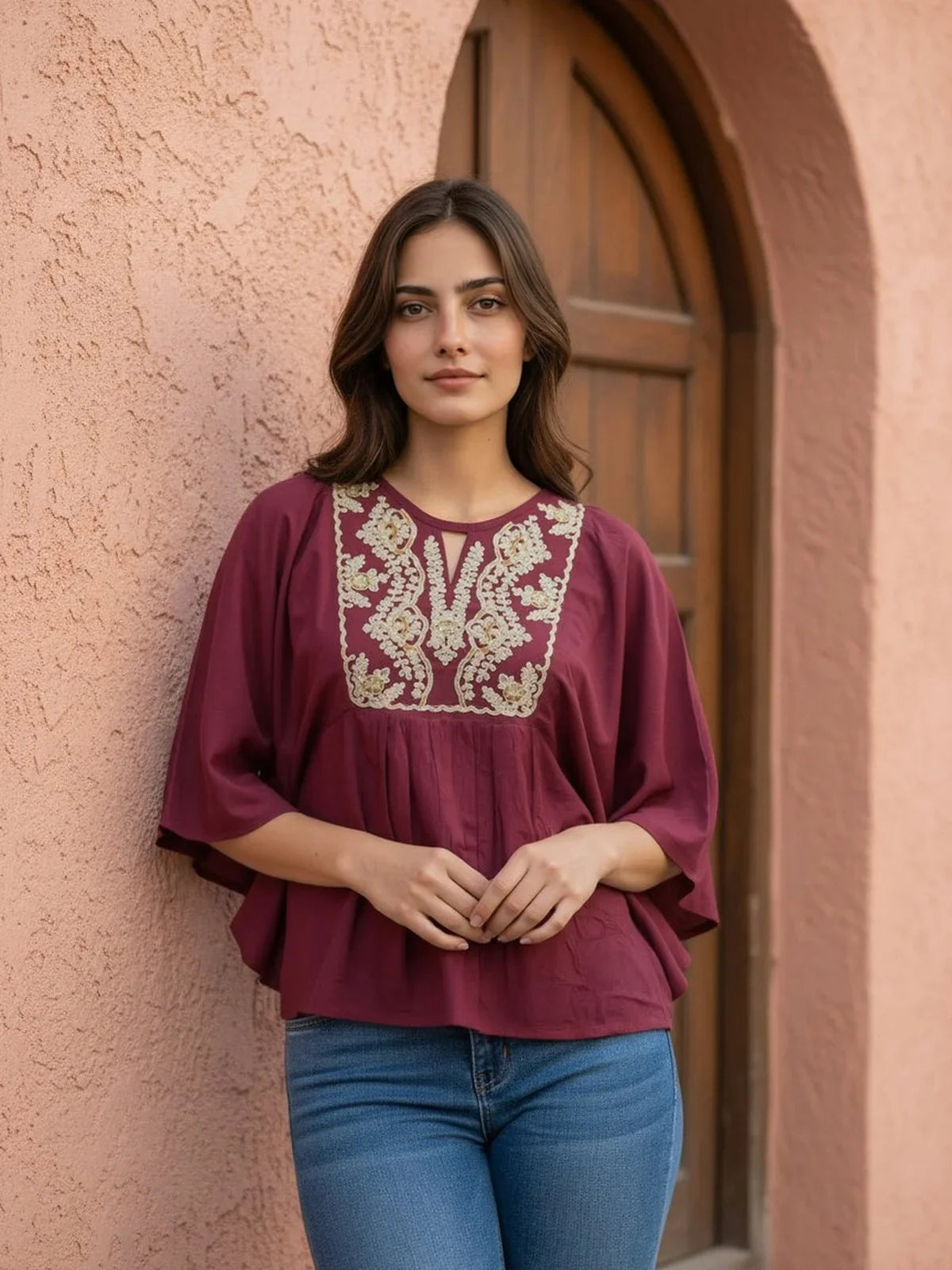 Buy Rayon Embroidered A-Line Short Length Short Kurti-Maroon