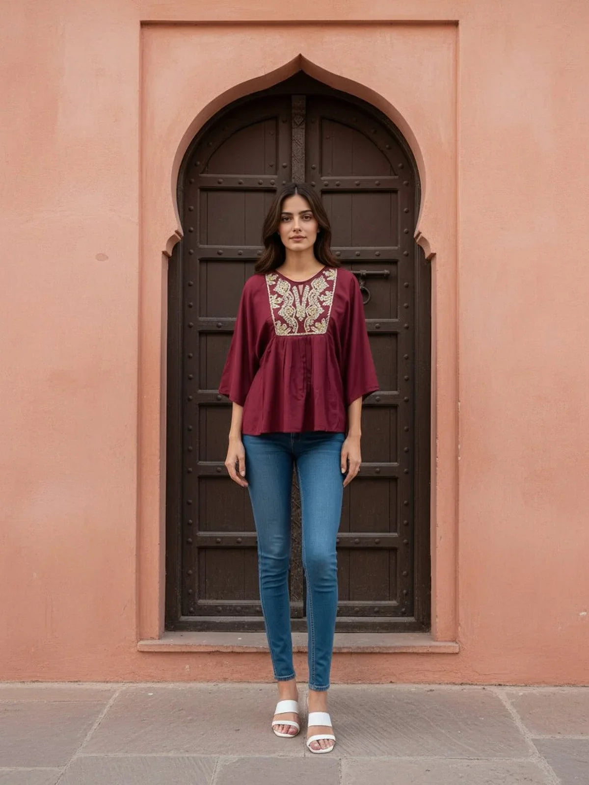 Buy Rayon Embroidered A-Line Short Length Short Kurti-Maroon