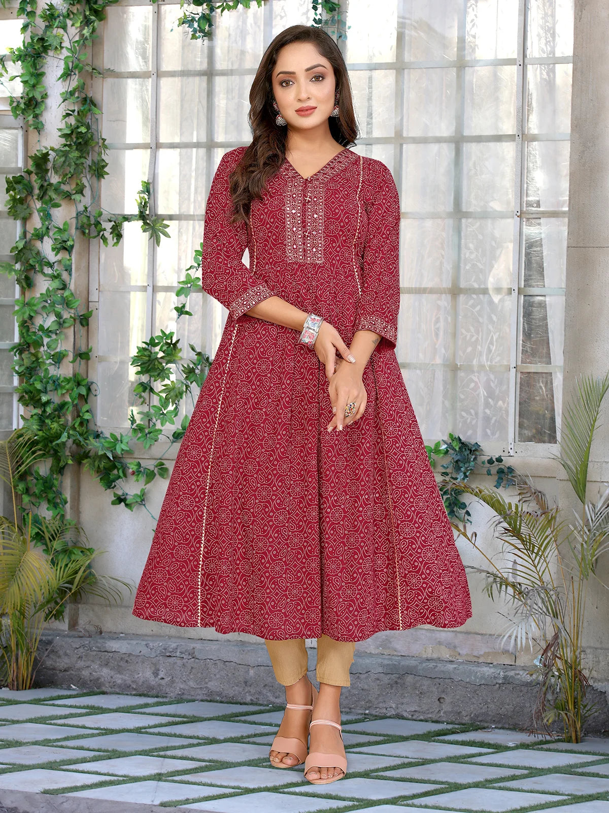 Buy Rayon Embroidered Flared Calf Length Kurta-Maroon