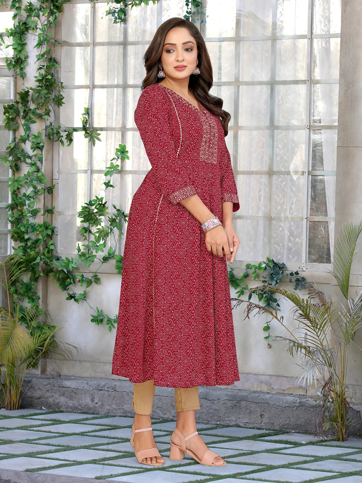 Buy Rayon Embroidered Flared Calf Length Kurta-Maroon