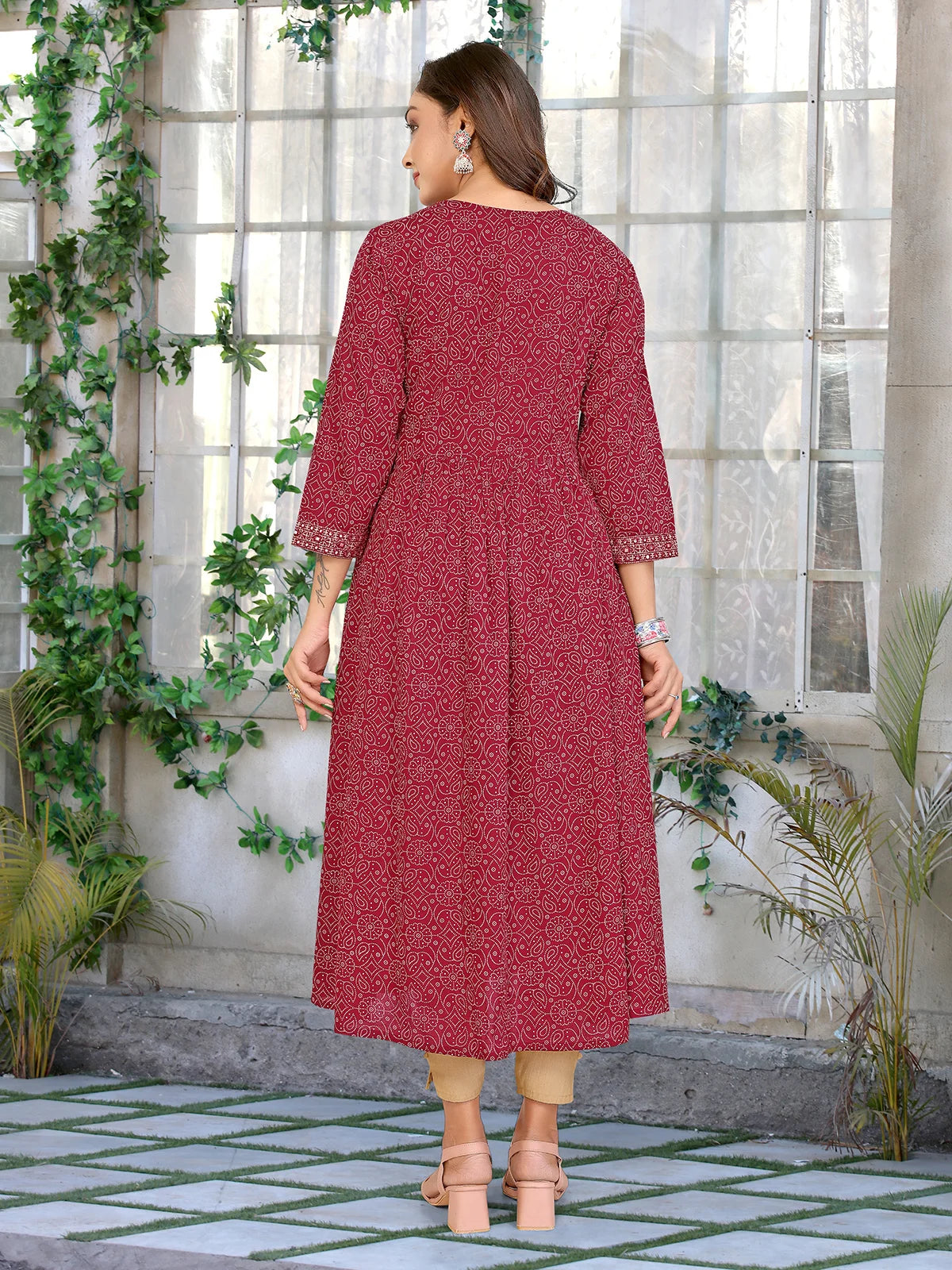 Buy Rayon Embroidered Flared Calf Length Kurta-Maroon
