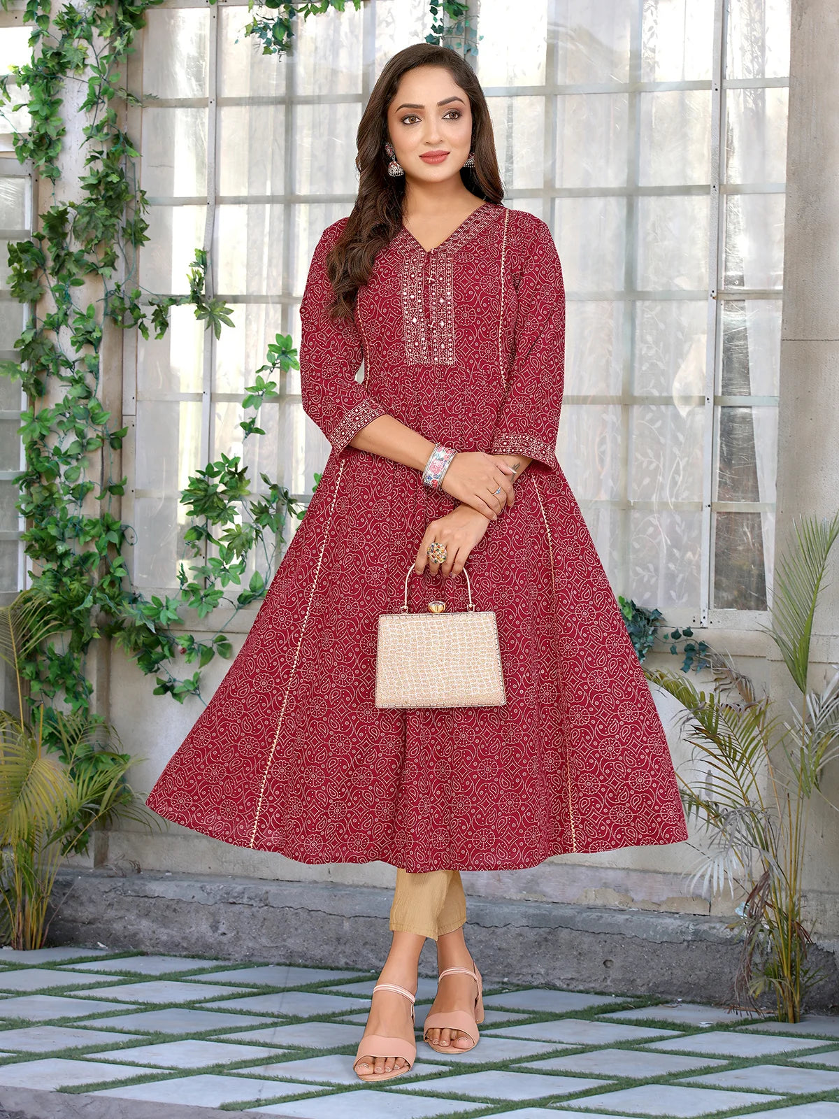 Buy Rayon Embroidered Flared Calf Length Kurta-Maroon