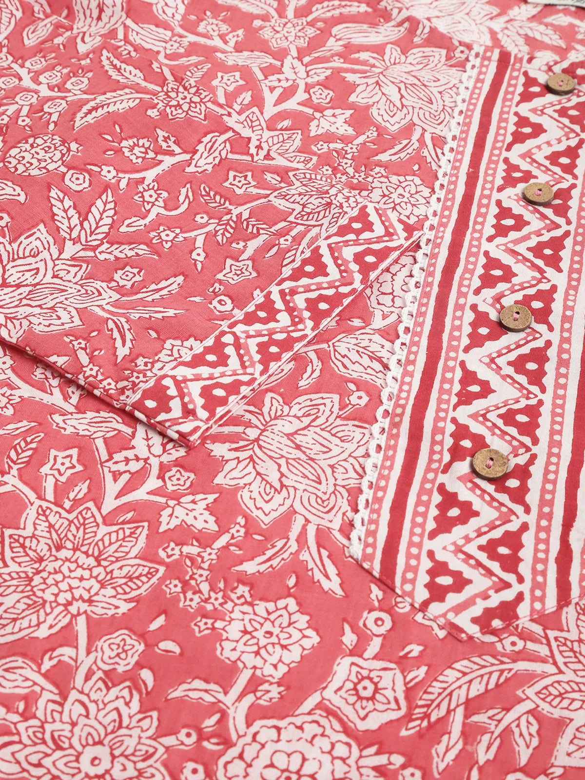 Buy కాటన్ ప్రింటెడ్ కాఫ్ లెంగ్త్ స్ట్రెయిట్ కుర్తీ విత్ ప్యాంట్-ఎరుపు