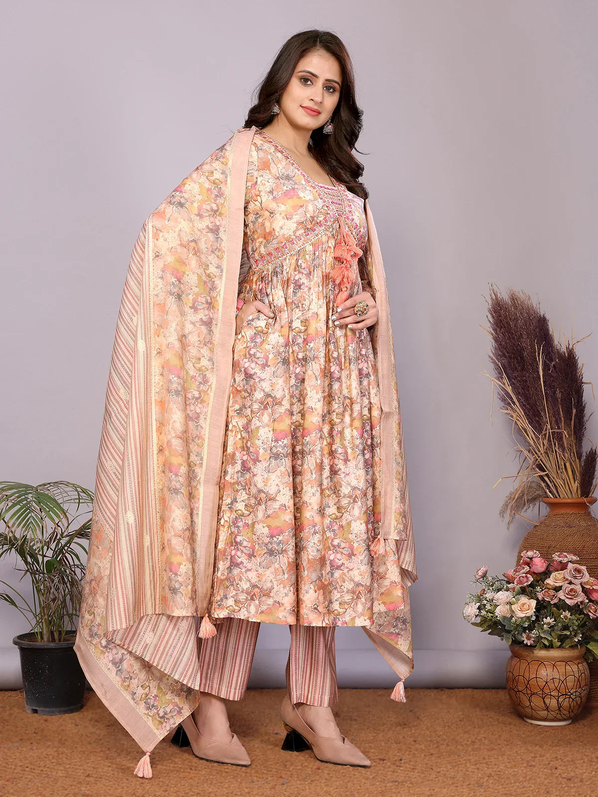 Buy Chanderi Embroidered Nayra Style Calf Length Kurta with Pant and Dupatta-Peach
