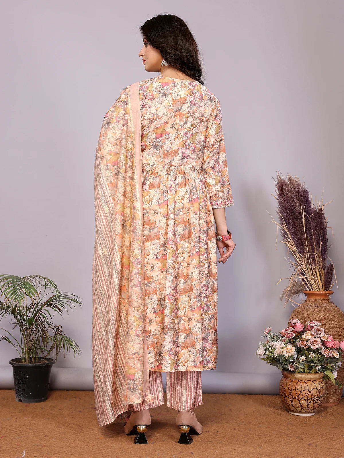 Buy Chanderi Embroidered Nayra Style Calf Length Kurta with Pant and Dupatta-Peach