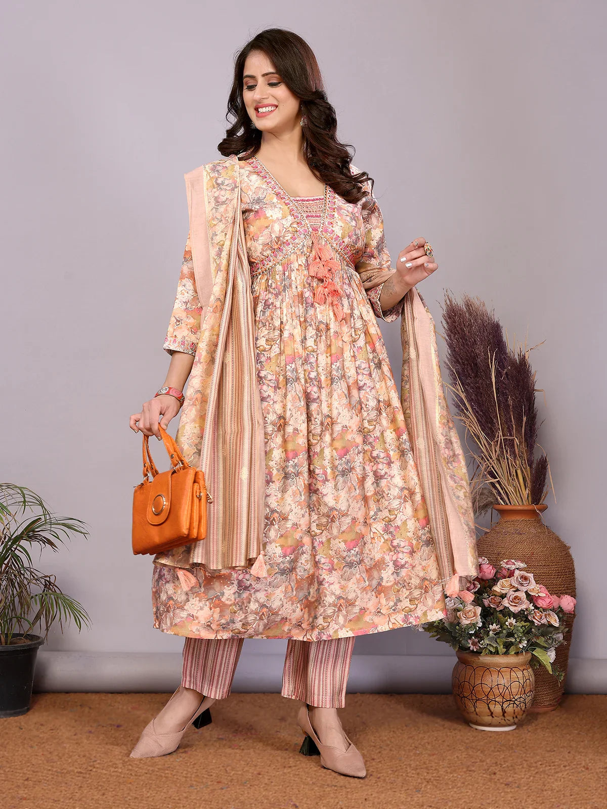 Buy Chanderi Embroidered Nayra Style Calf Length Kurta with Pant and Dupatta-Peach