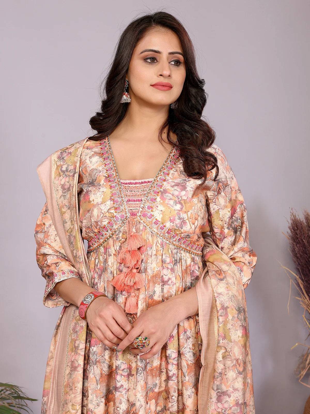 Buy Chanderi Embroidered Nayra Style Calf Length Kurta with Pant and Dupatta-Peach