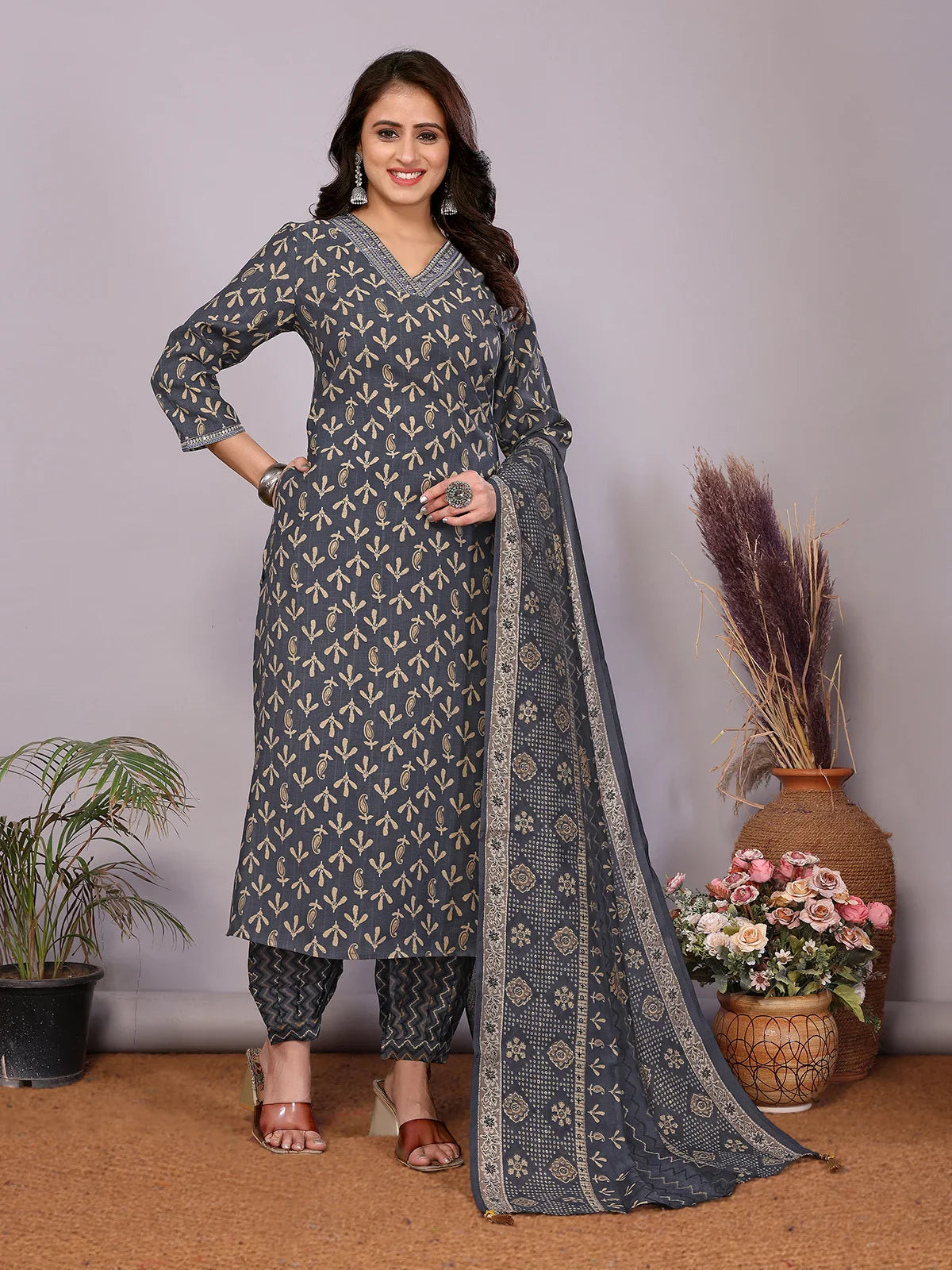 Buy Chanderi Embroidered Straight Calf Length Kurta with Pant and Dupatta-Navy Blue