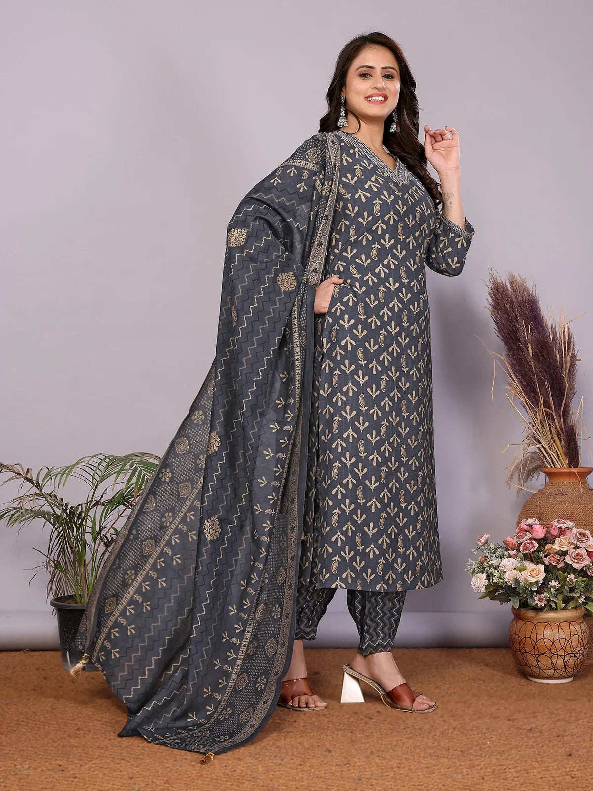 Buy Chanderi Embroidered Straight Calf Length Kurta with Pant and Dupatta-Navy Blue