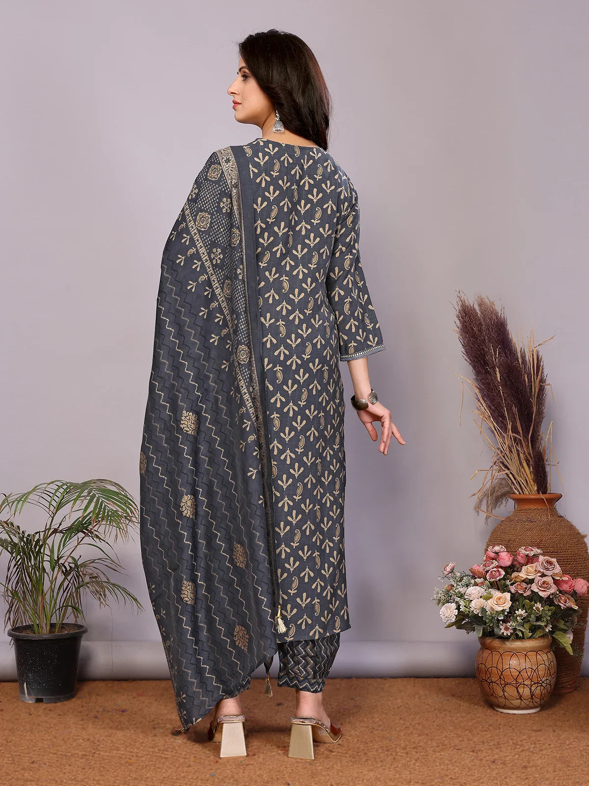 Buy Chanderi Embroidered Straight Calf Length Kurta with Pant and Dupatta-Navy Blue