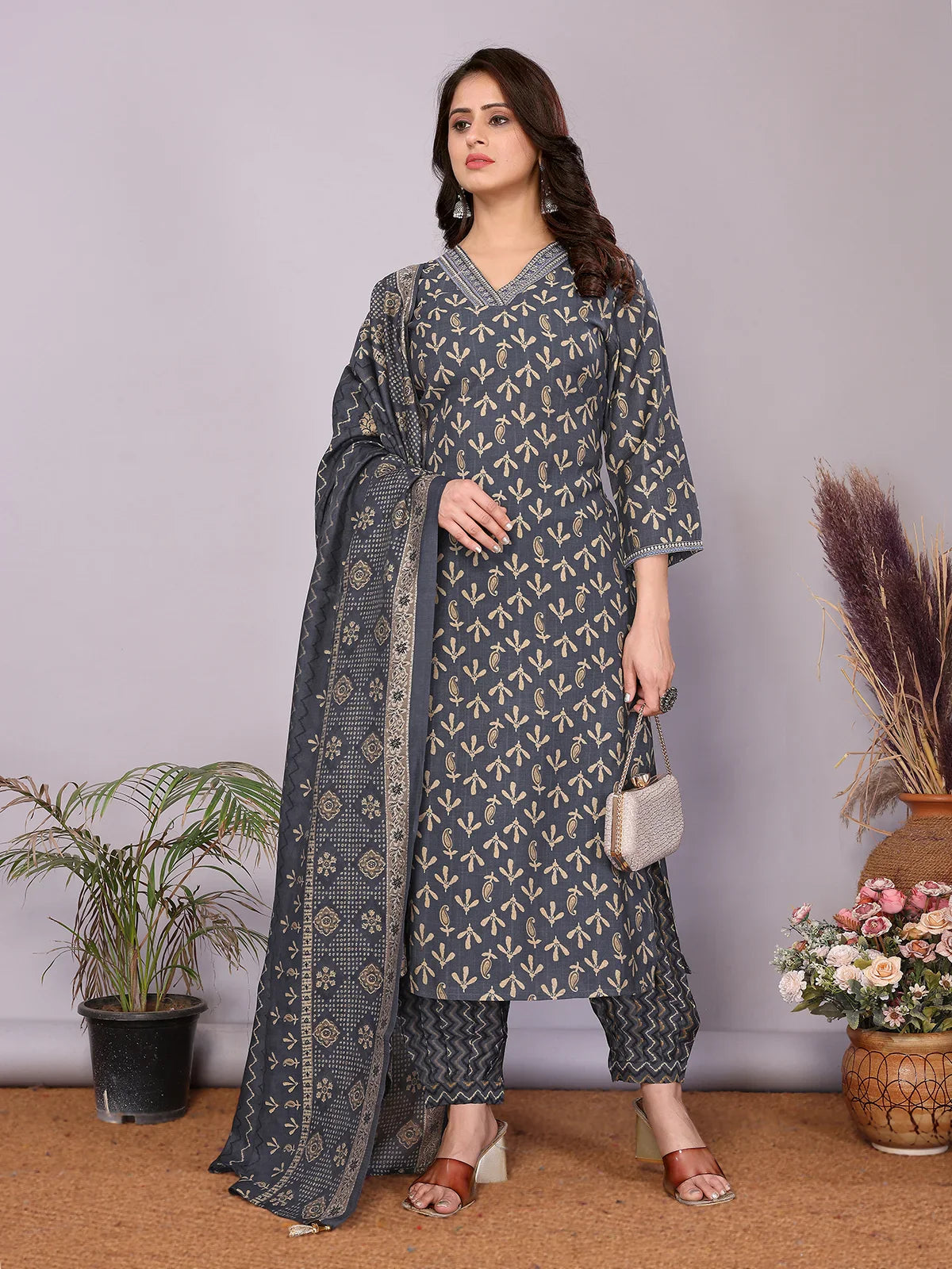 Buy Chanderi Embroidered Straight Calf Length Kurta with Pant and Dupatta-Navy Blue