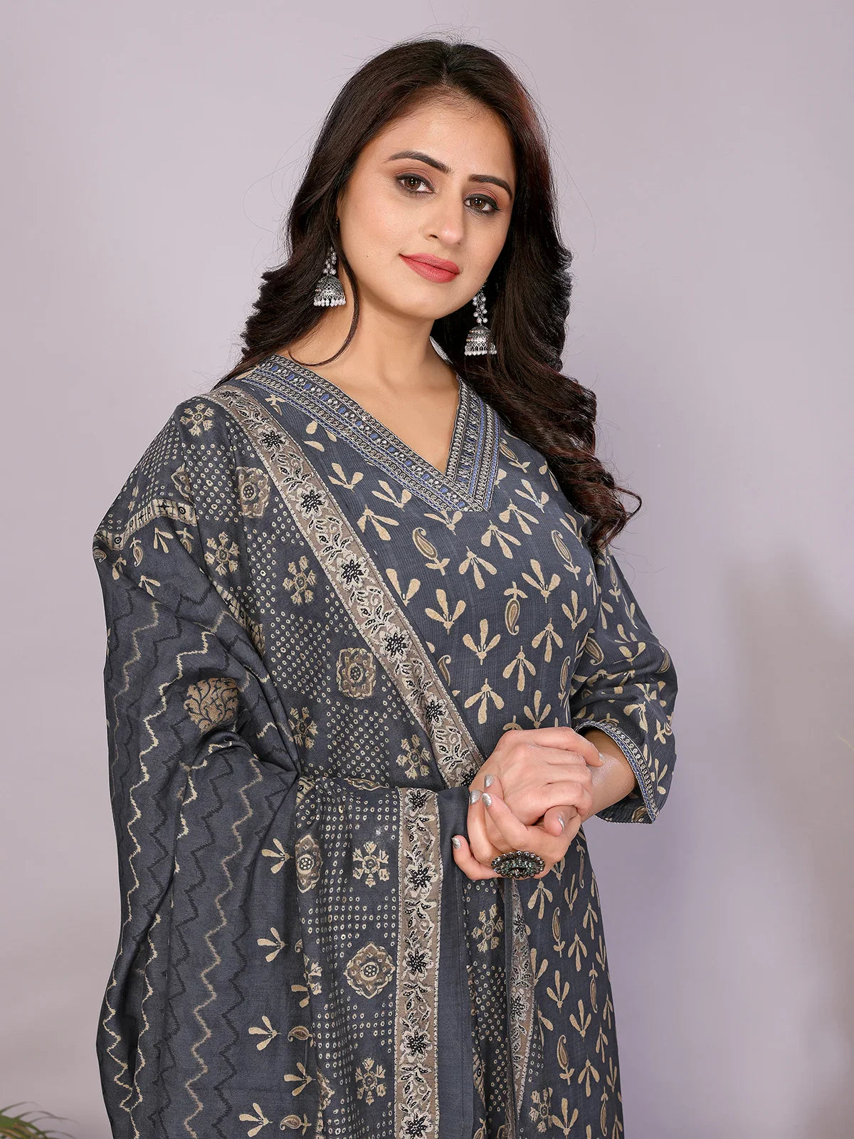 Buy Chanderi Embroidered Straight Calf Length Kurta with Pant and Dupatta-Navy Blue