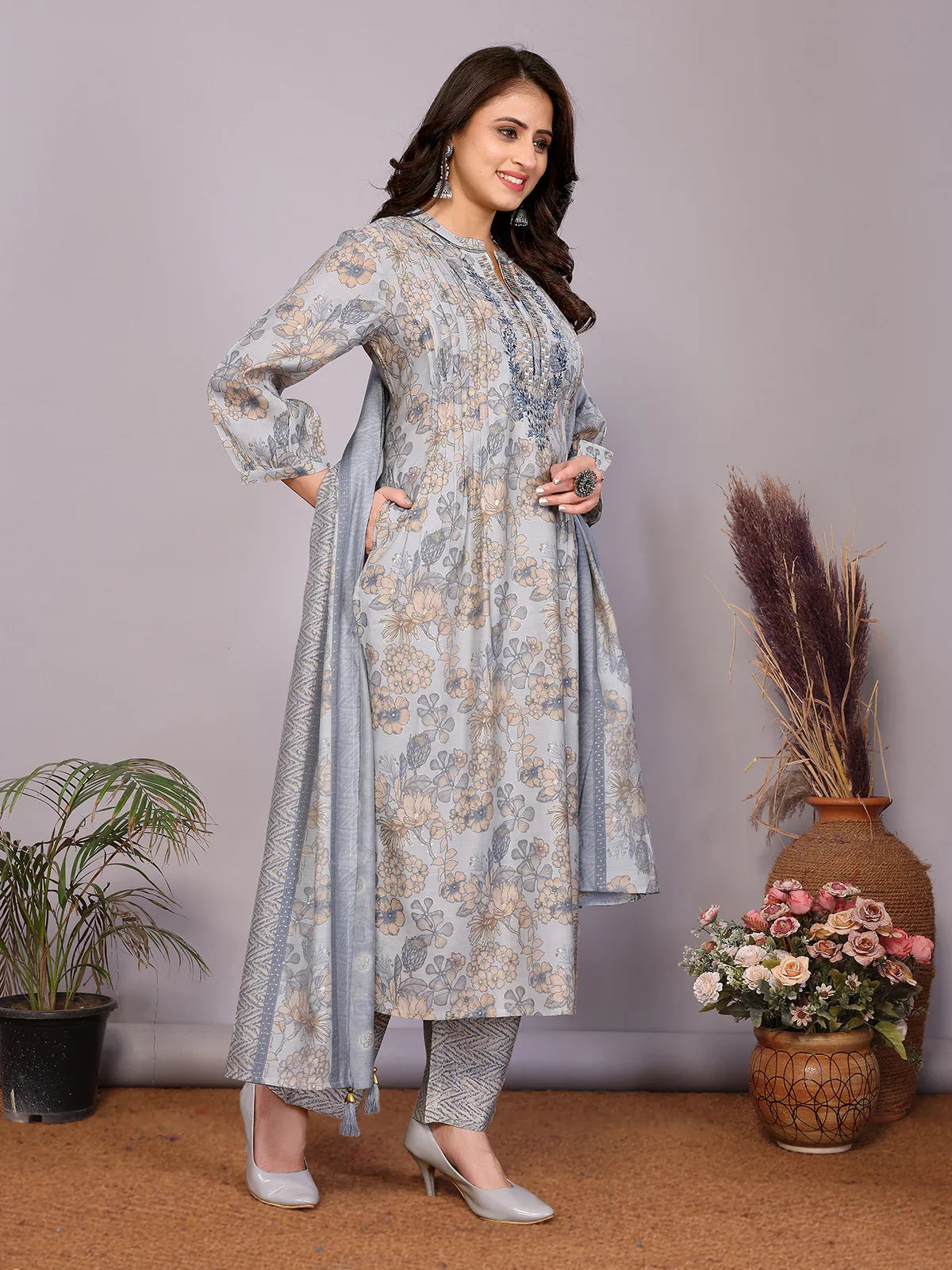 Buy Chanderi Embroidered Straight Calf Length Kurta with Pant and Dupatta-Light Blue
