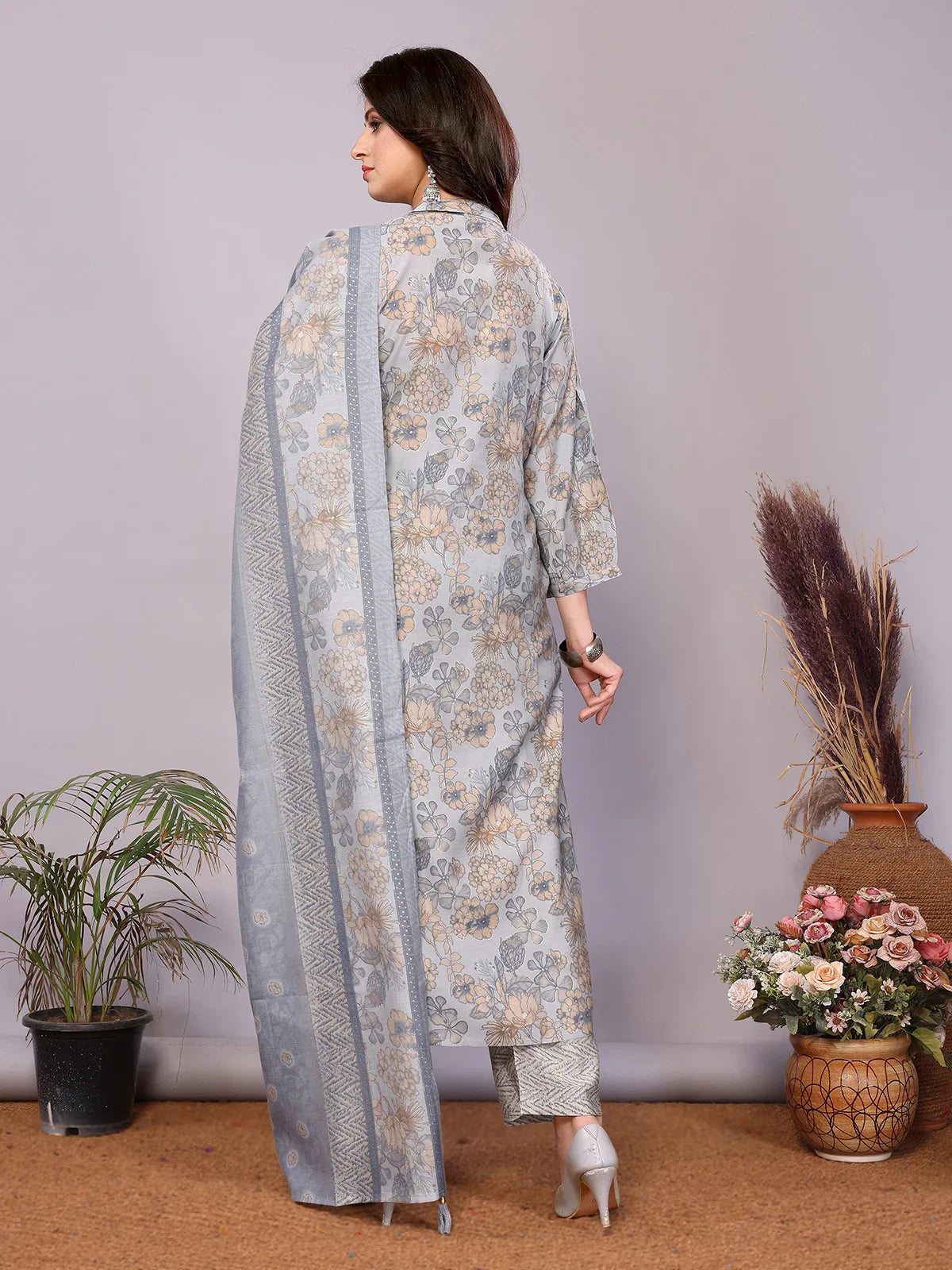 Buy Chanderi Embroidered Straight Calf Length Kurta with Pant and Dupatta-Light Blue