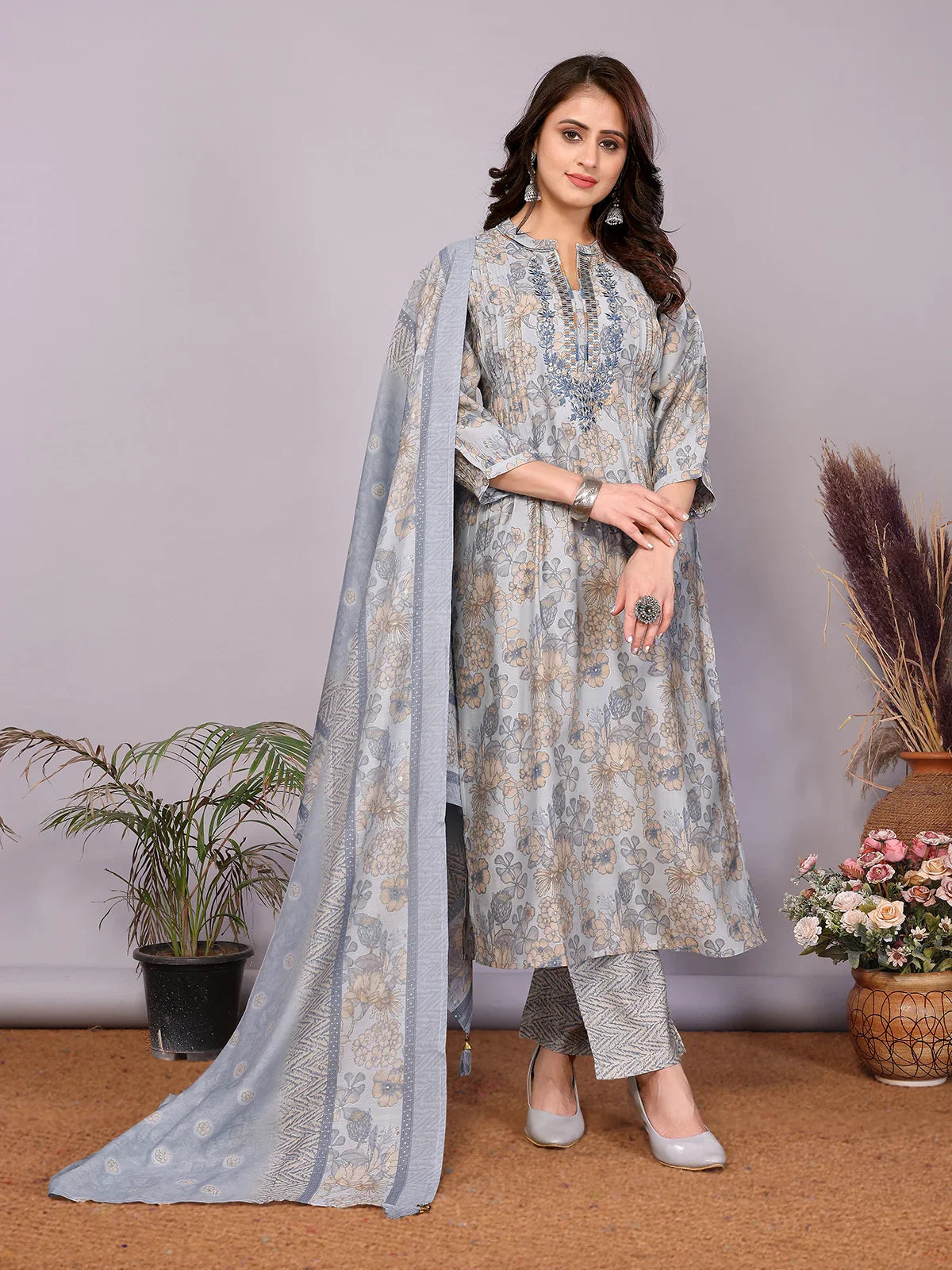 Buy Chanderi Embroidered Straight Calf Length Kurta with Pant and Dupatta-Light Blue