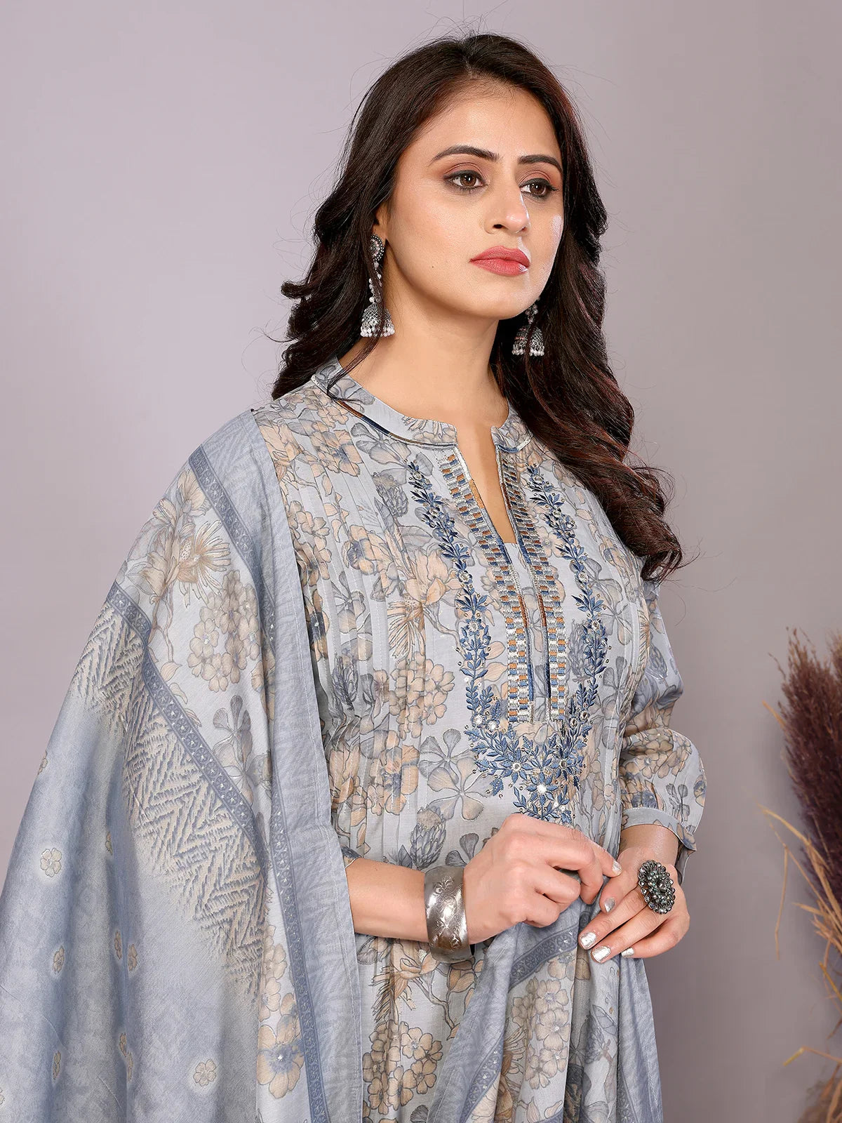 Buy Chanderi Embroidered Straight Calf Length Kurta with Pant and Dupatta-Light Blue