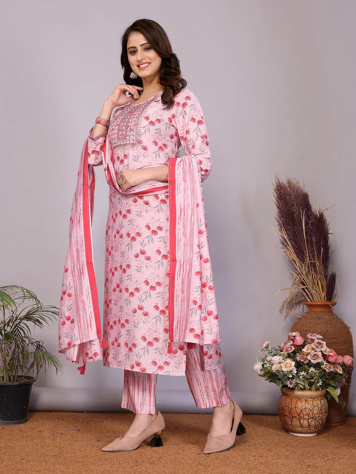 Buy Chanderi Embroidered Straight Calf Length Kurta with Pant and Dupatta-Pink