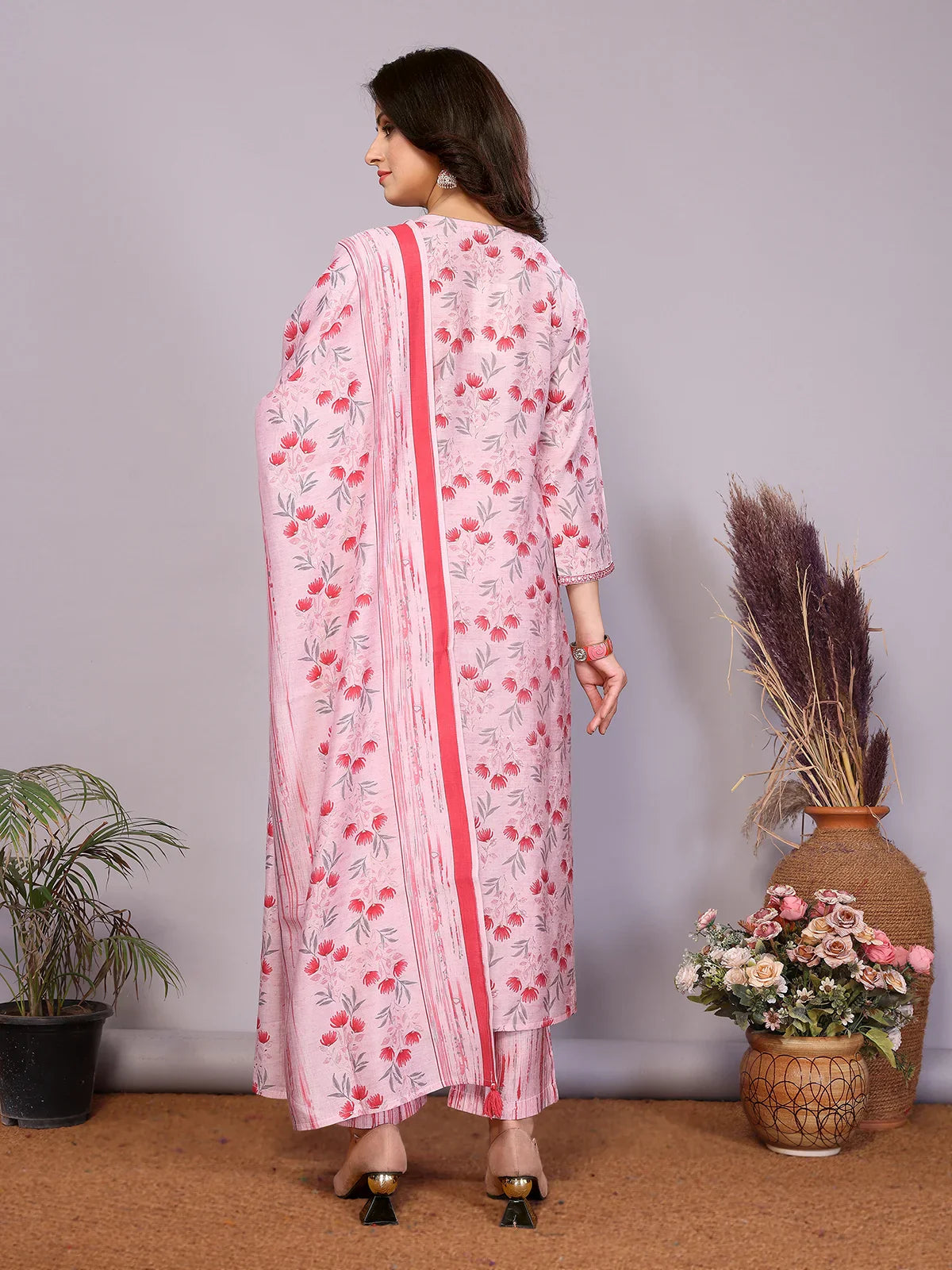Buy Chanderi Embroidered Straight Calf Length Kurta with Pant and Dupatta-Pink