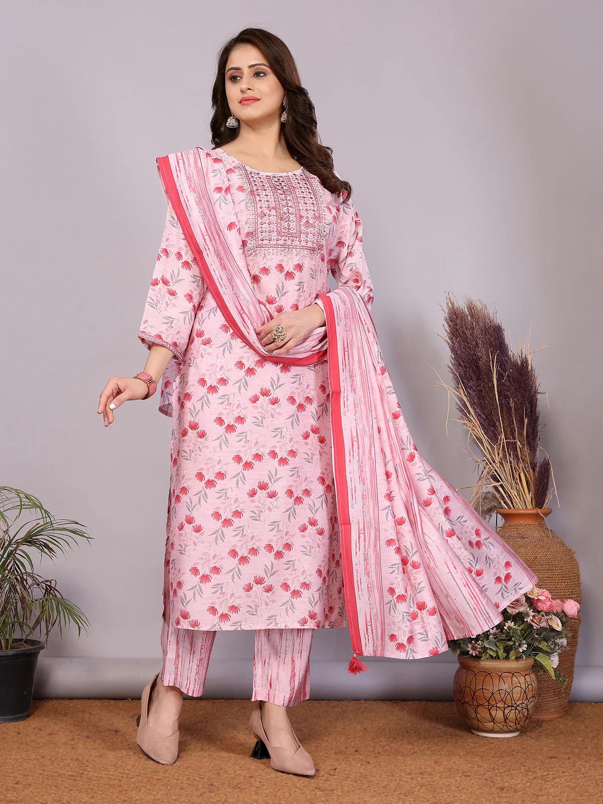 Buy Chanderi Embroidered Straight Calf Length Kurta with Pant and Dupatta-Pink