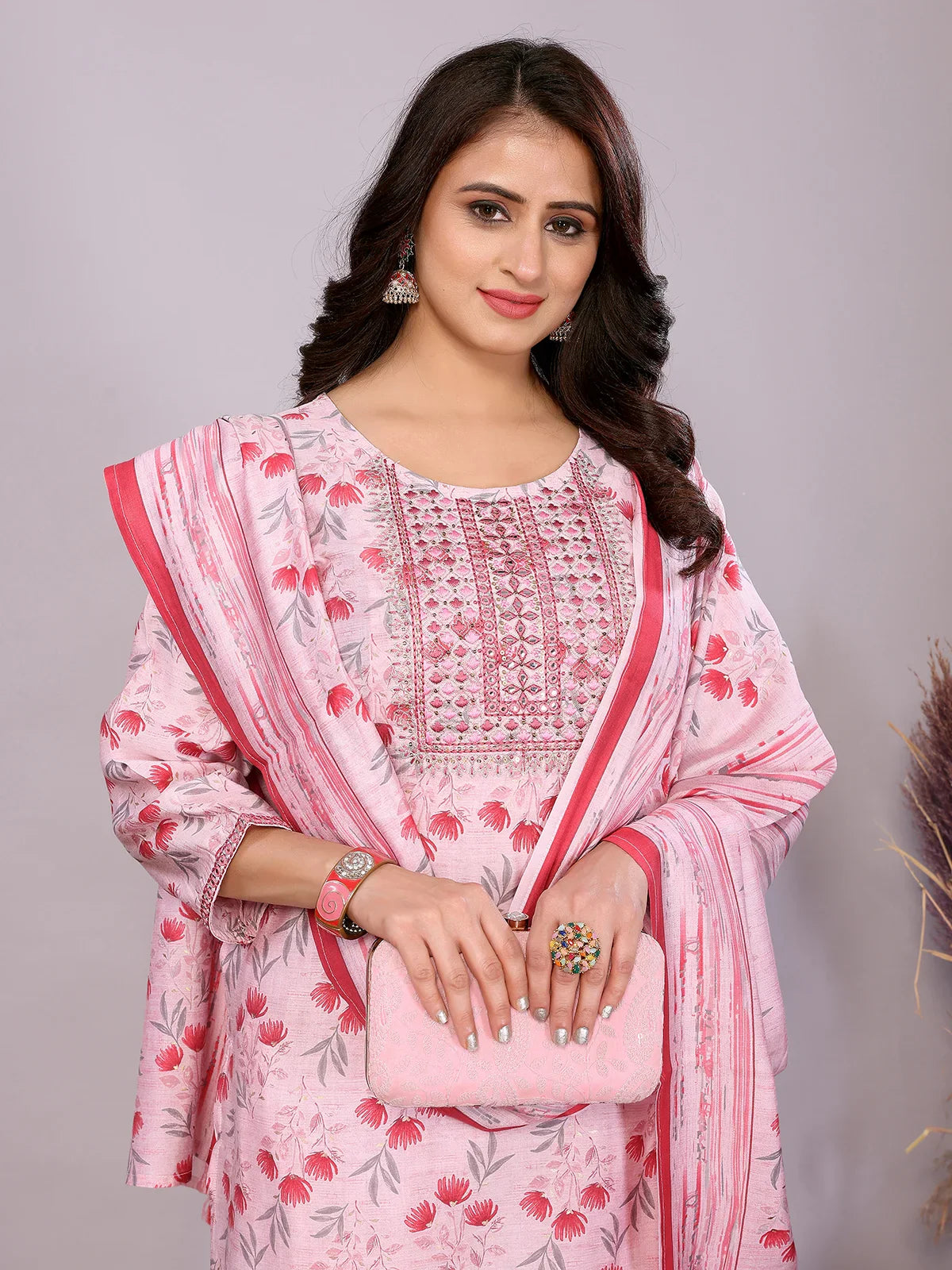 Buy Chanderi Embroidered Straight Calf Length Kurta with Pant and Dupatta-Pink