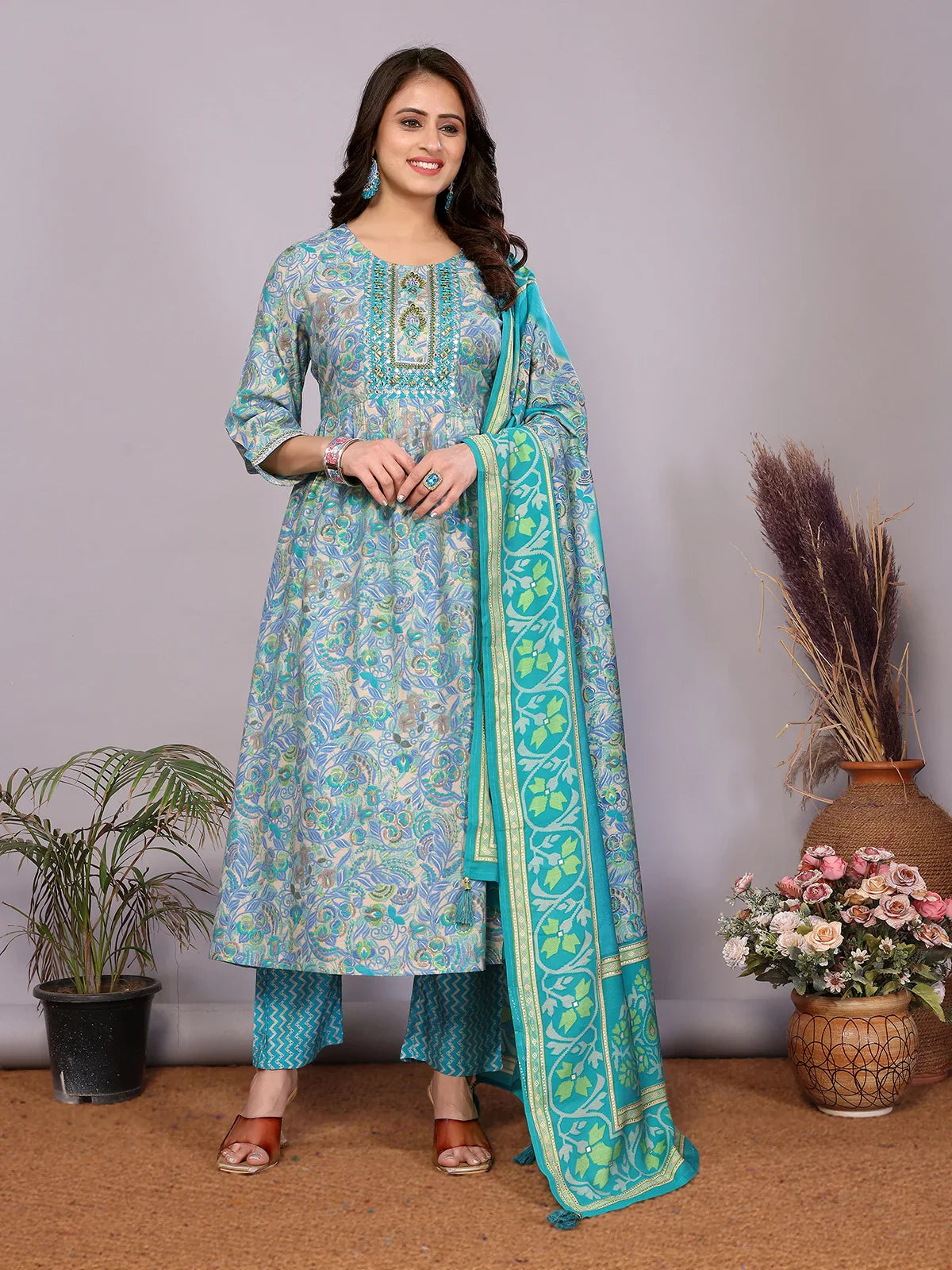 Buy Chanderi Embroidered Nayra Style Calf Length Kurta with Pant and Dupatta-Blue