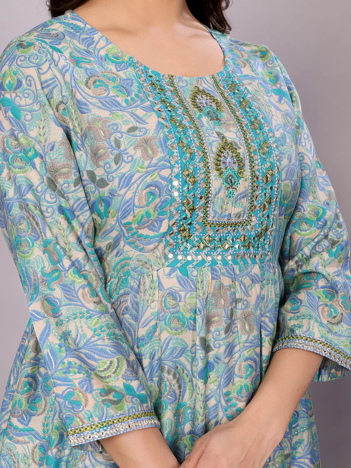 Buy Chanderi Embroidered Nayra Style Calf Length Kurta with Pant and Dupatta-Blue