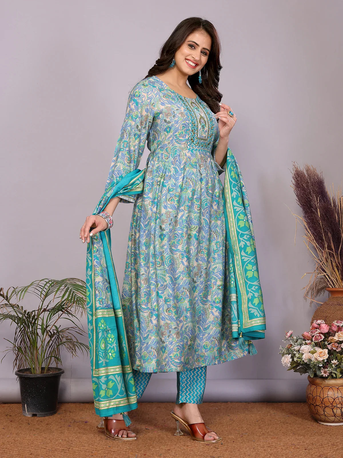 Buy Chanderi Embroidered Nayra Style Calf Length Kurta with Pant and Dupatta-Blue