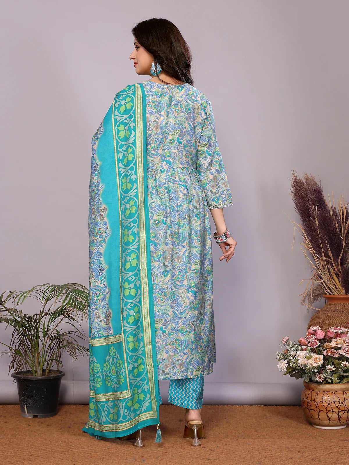 Buy Chanderi Embroidered Nayra Style Calf Length Kurta with Pant and Dupatta-Blue