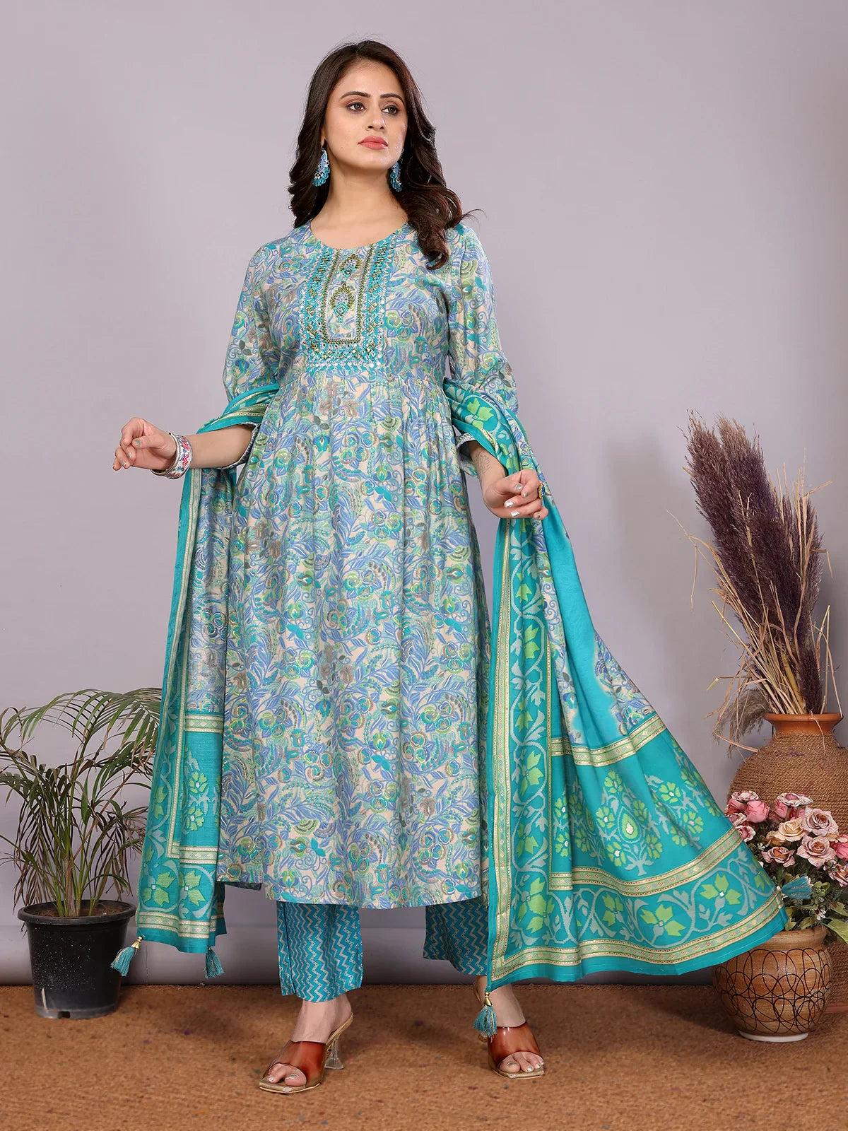 Buy Chanderi Embroidered Nayra Style Calf Length Kurta with Pant and Dupatta-Blue