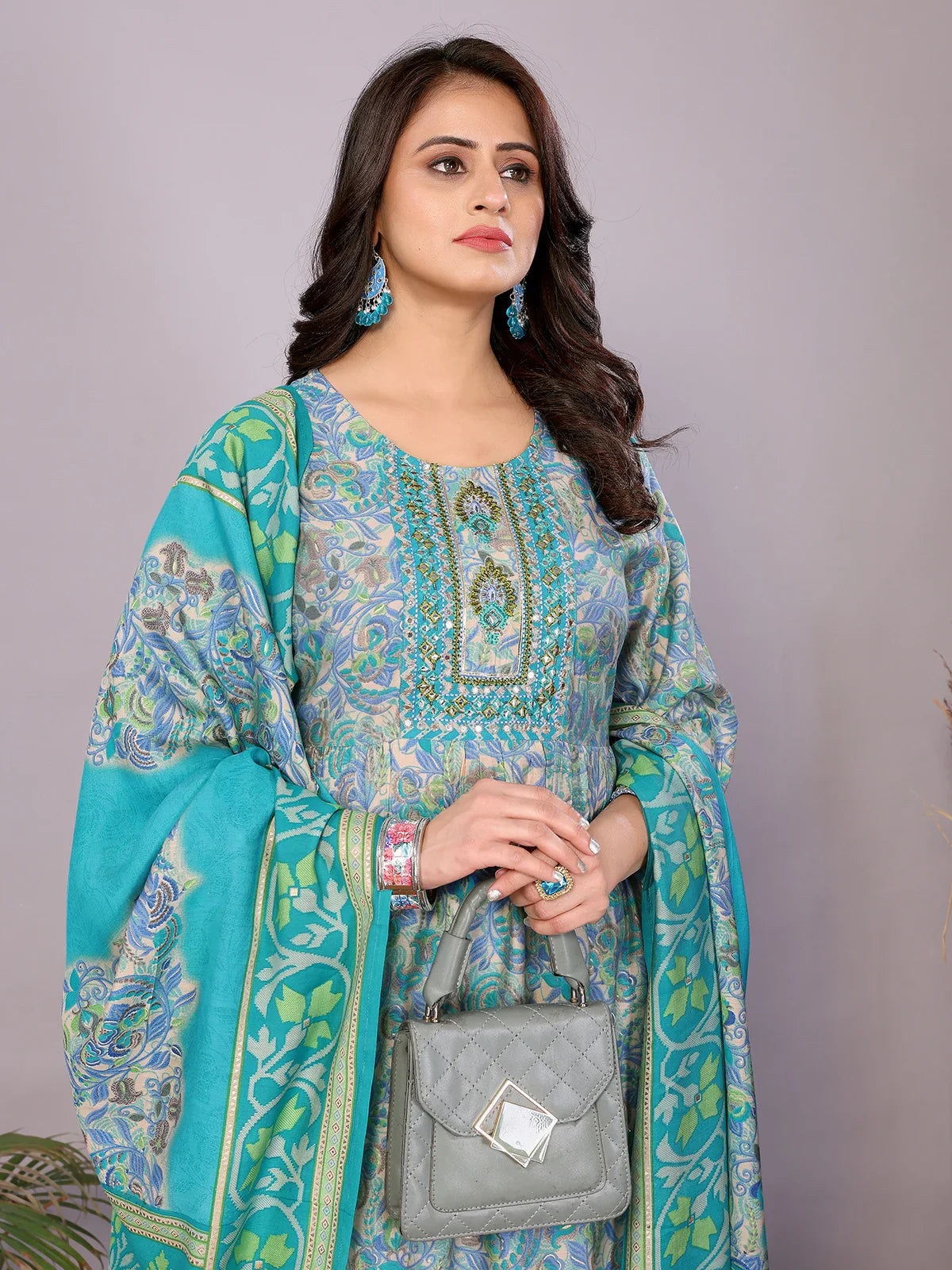 Buy Chanderi Embroidered Nayra Style Calf Length Kurta with Pant and Dupatta-Blue