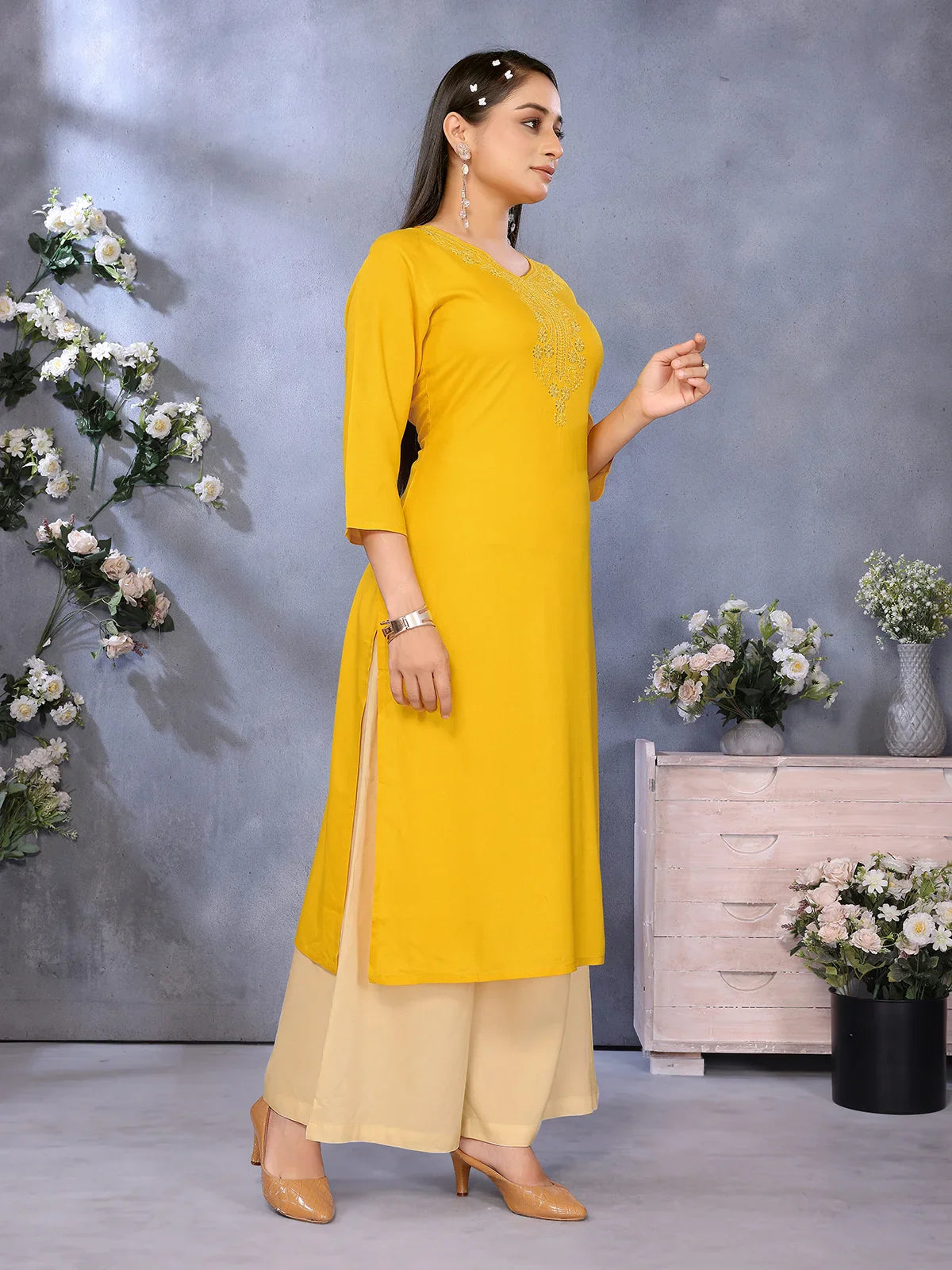 Buy Rayon Embroidered Straight Calf Length Kurta-Mustard