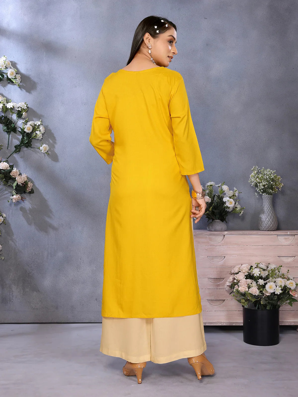 Buy Rayon Embroidered Straight Calf Length Kurta-Mustard