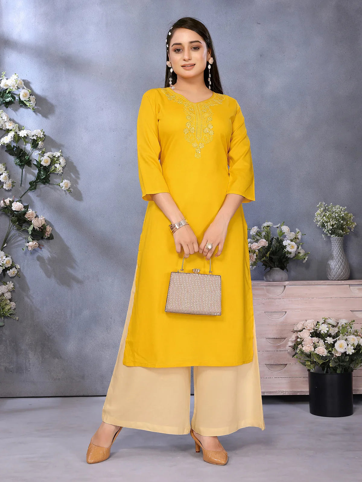 Buy Rayon Embroidered Straight Calf Length Kurta-Mustard