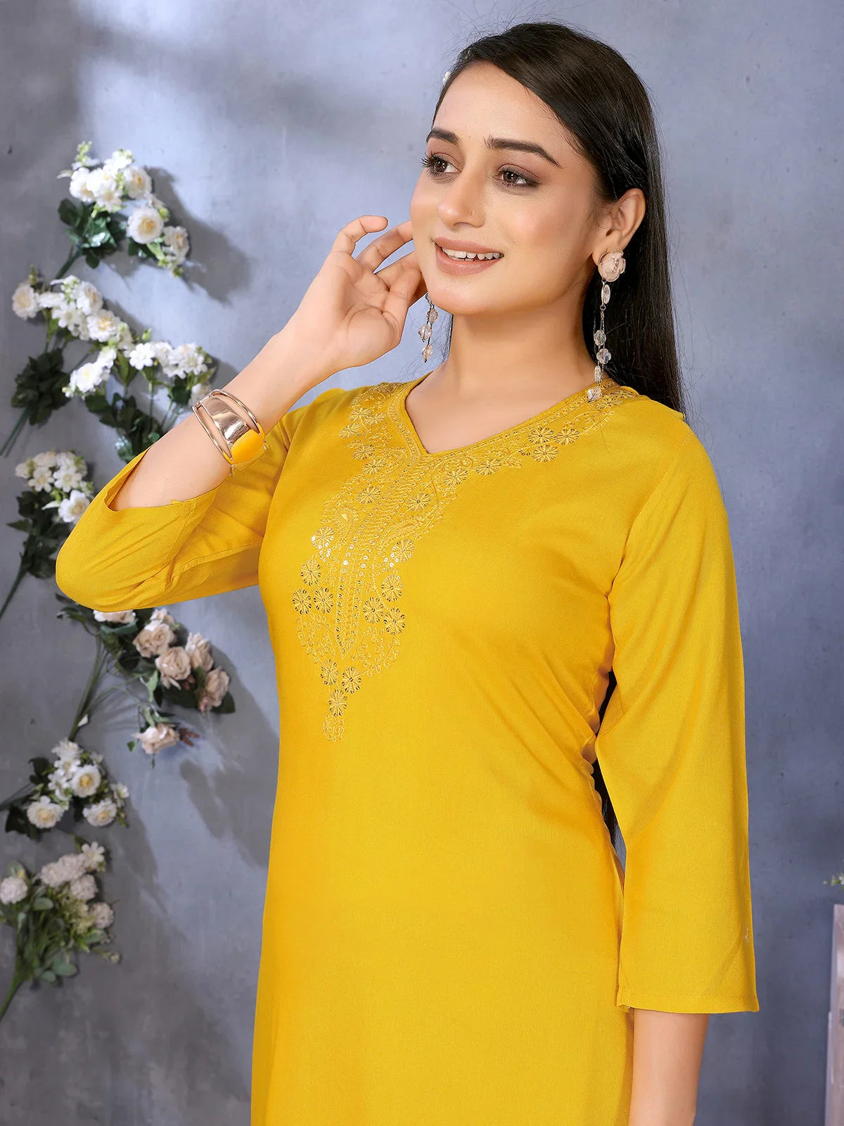 Buy Rayon Embroidered Straight Calf Length Kurta-Mustard