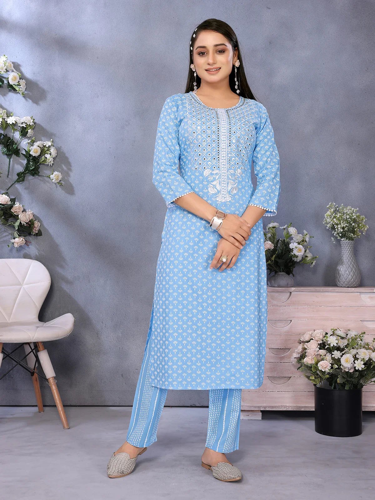 Buy Rayon Embroidered Straight Calf Length Kurta with Pant-Blue