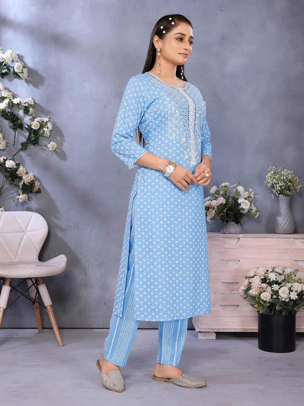 Buy Rayon Embroidered Straight Calf Length Kurta with Pant-Blue