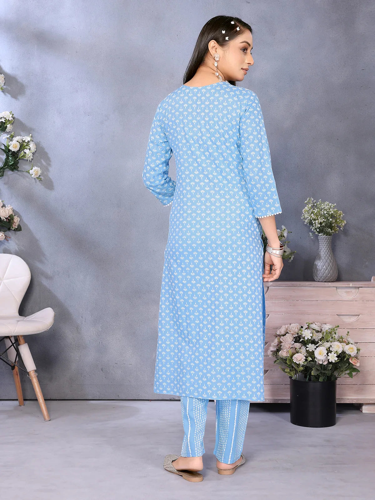 Buy Rayon Embroidered Straight Calf Length Kurta with Pant-Blue
