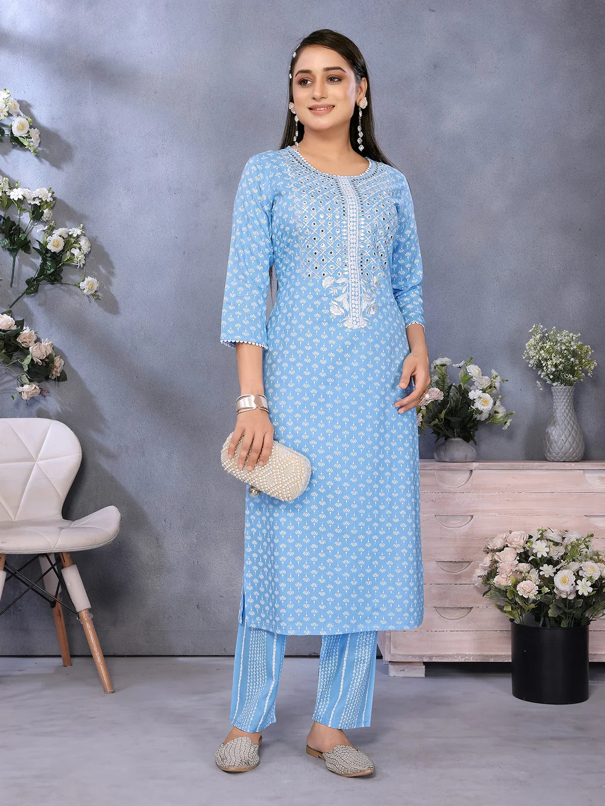 Buy Rayon Embroidered Straight Calf Length Kurta with Pant-Blue