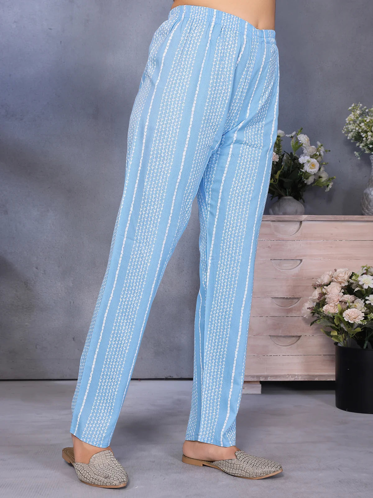 Buy Rayon Embroidered Straight Calf Length Kurta with Pant-Blue