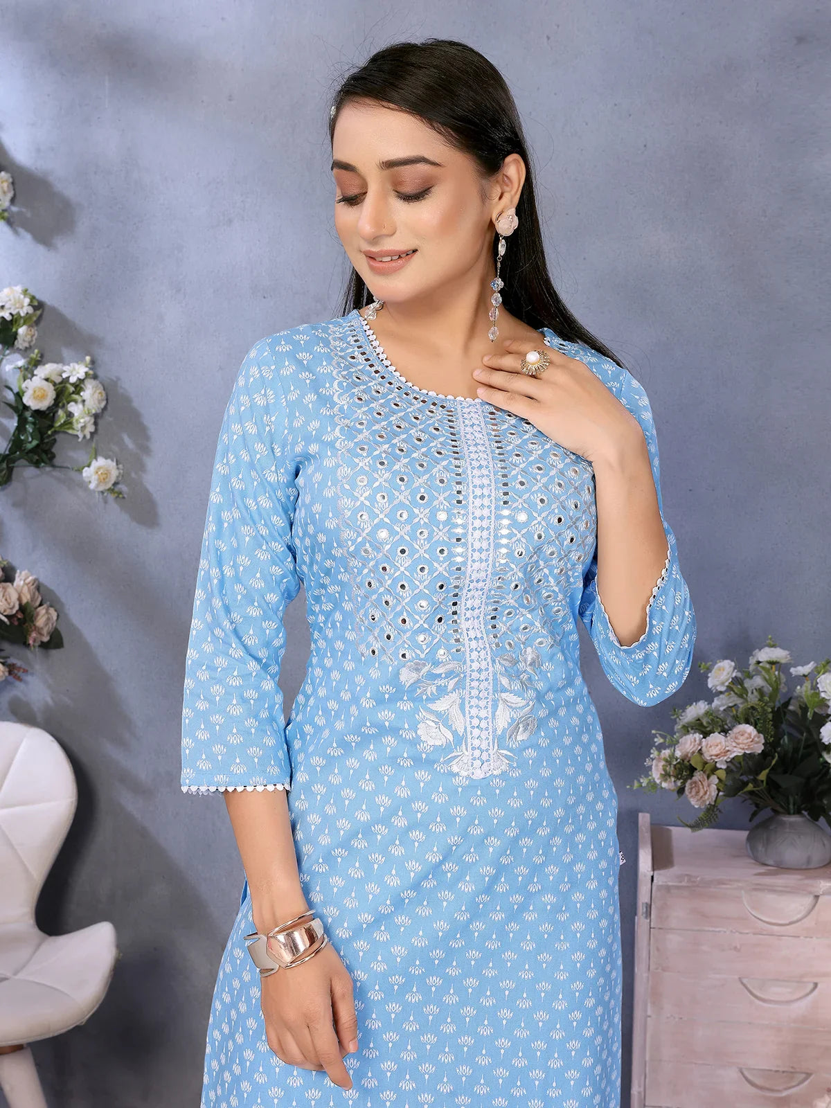 Buy Rayon Embroidered Straight Calf Length Kurta with Pant-Blue