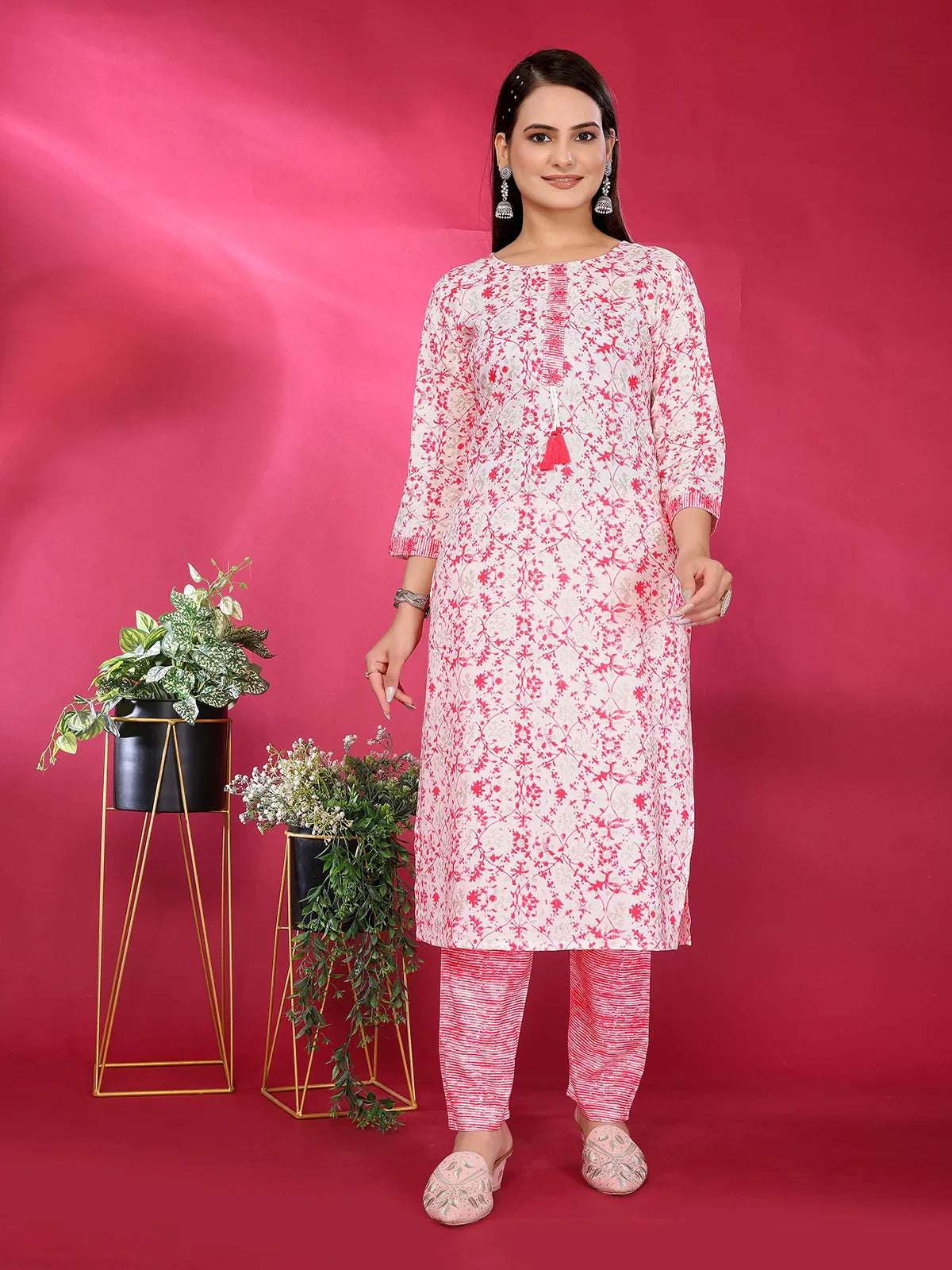 Buy Rayon Embroidered Straight Calf Length Kurta with Pant-Pink