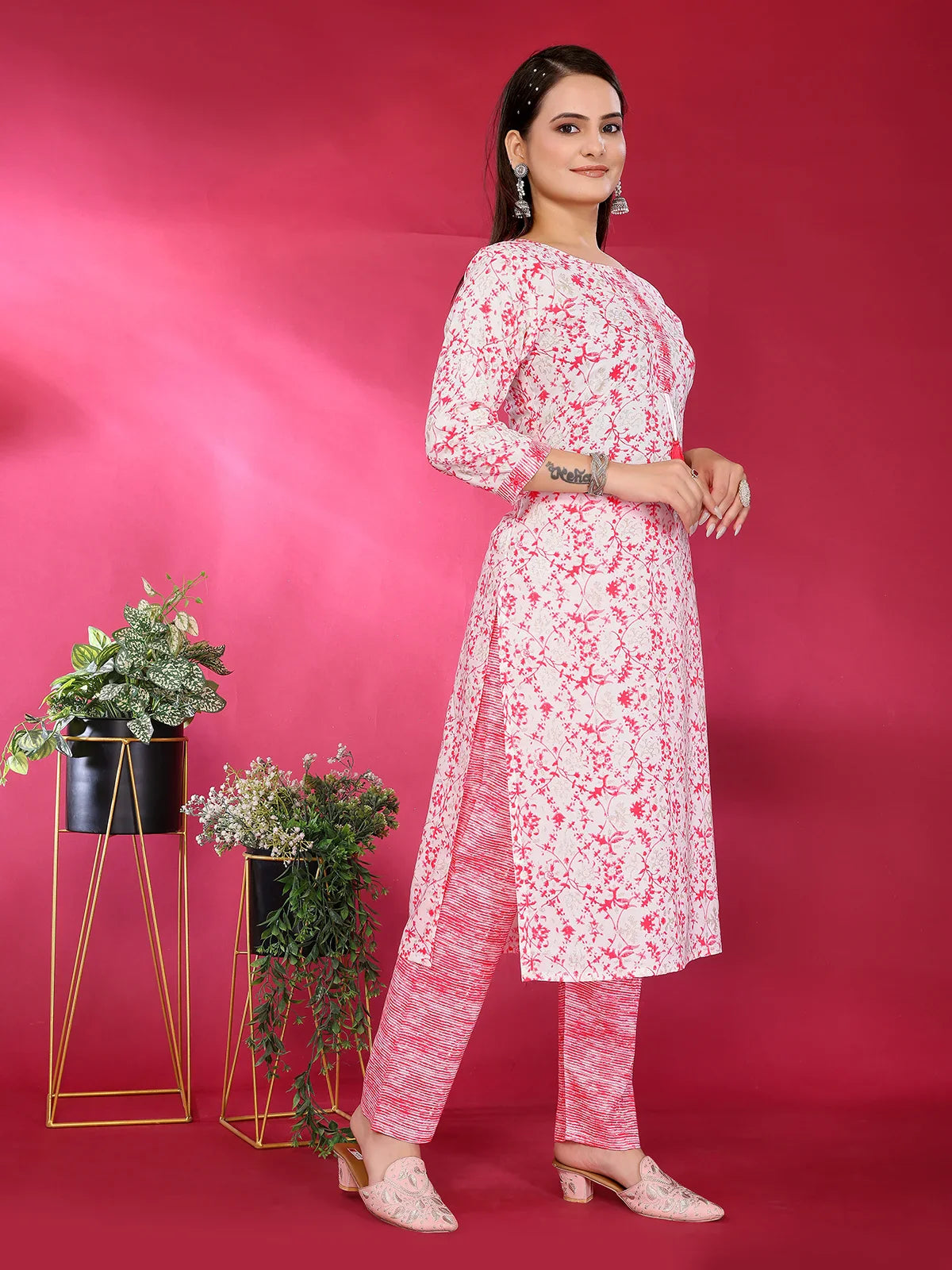 Buy Rayon Embroidered Straight Calf Length Kurta with Pant-Pink