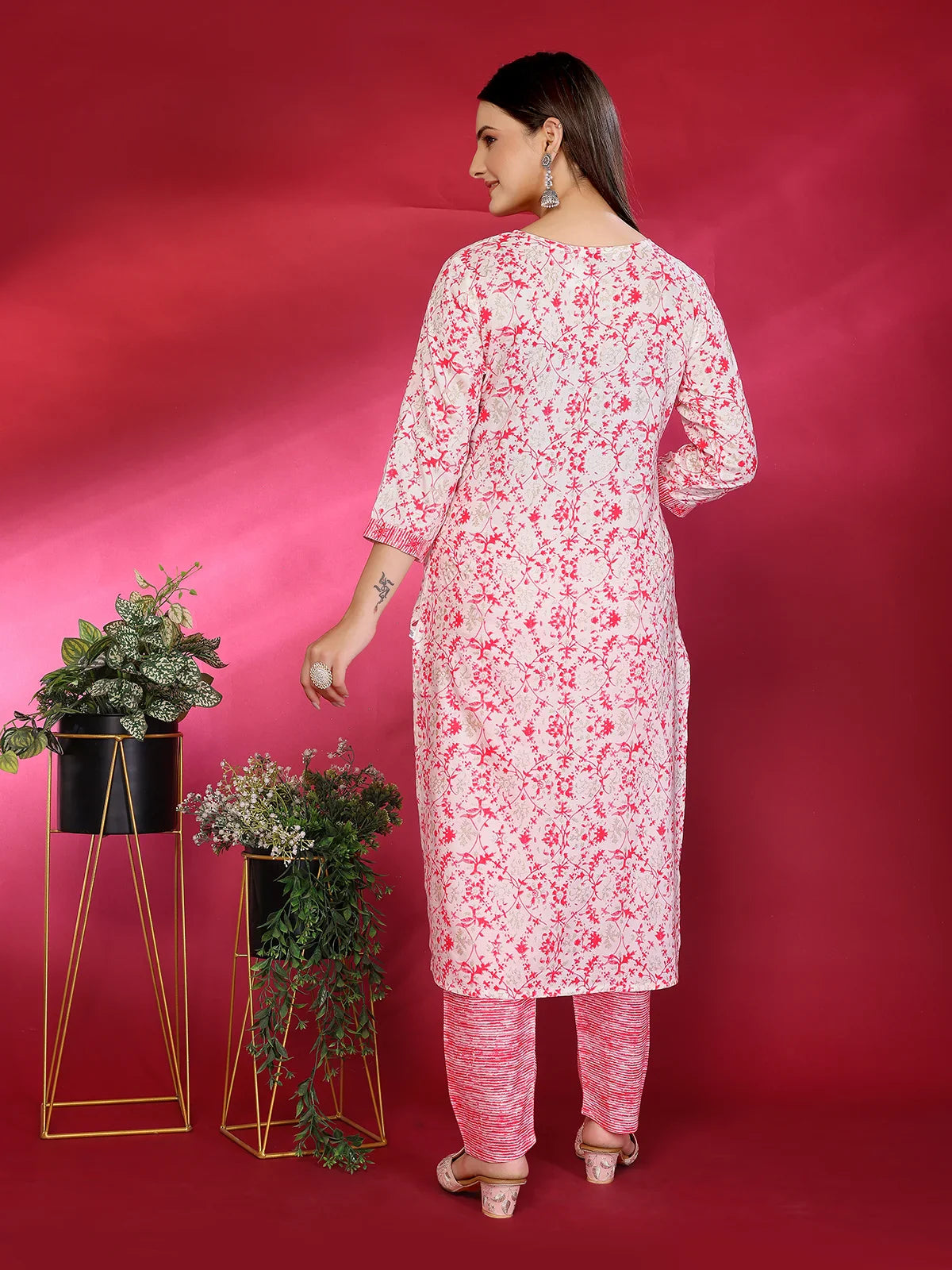 Buy Rayon Embroidered Straight Calf Length Kurta with Pant-Pink